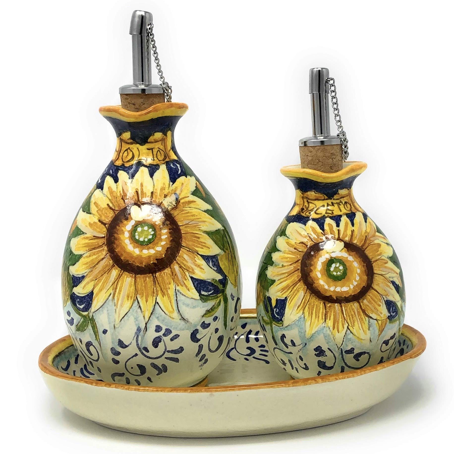 Italian Ceramic Oil and Vinegar Cruet Set with Sunflower Design - Hand Painted Tuscan Art Pottery Made in Italy | Perfect for Kitchen Decor, Dining Table Centerpiece & Gift Giving