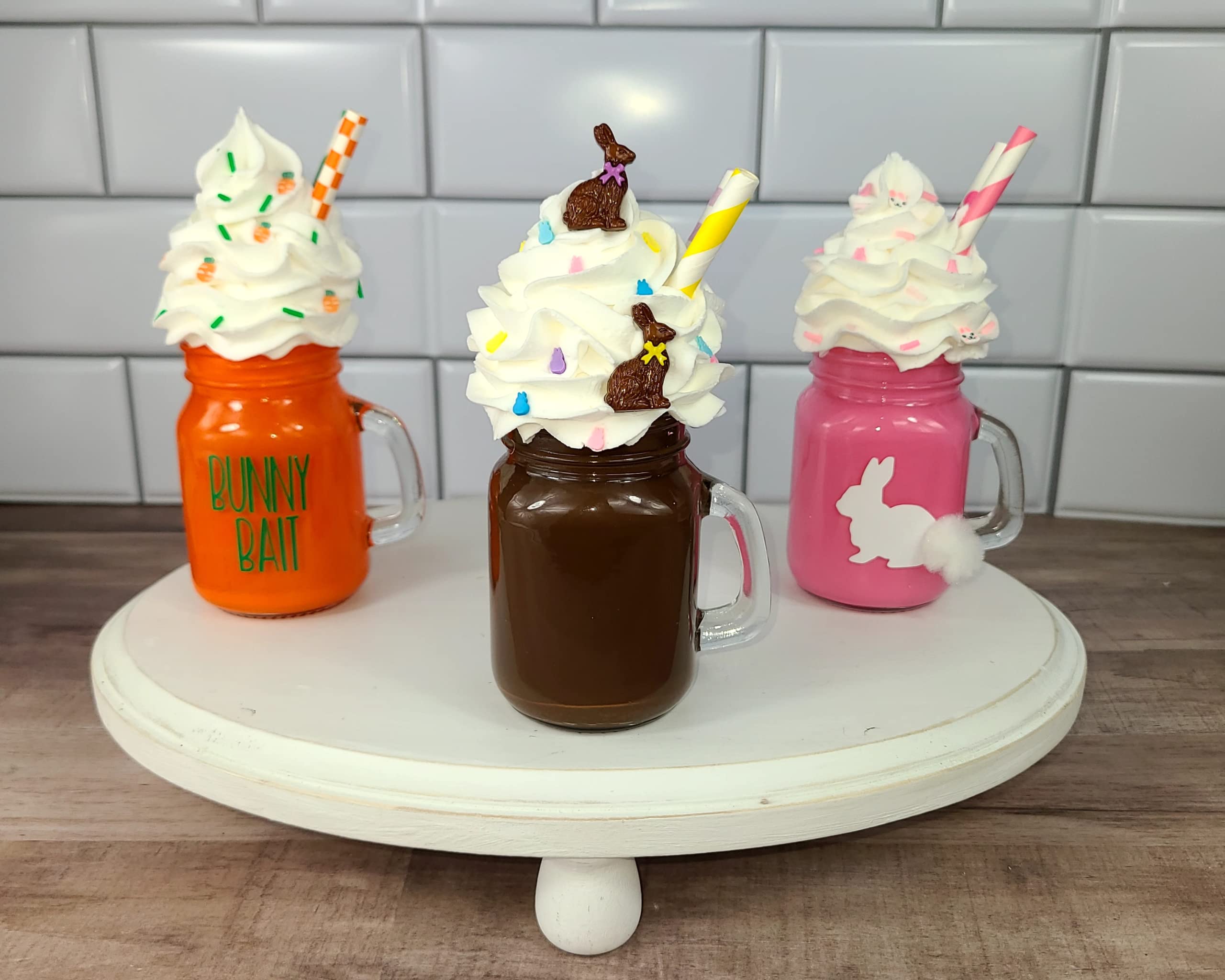 Easter Tiered Tray Decor Set - Pink Fake Ice Cream Milkshake & Mini Mason Jar - Easter Dessert Table Decorations for Spring Party, Home Decor, and Holiday Display