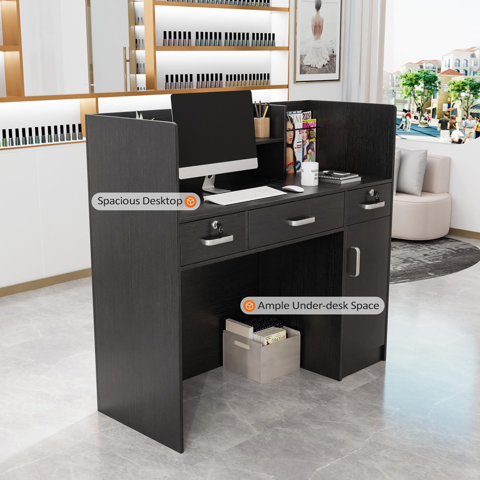 Modern Reception Desk with Lockable Drawers & Adjustable Shelves - 47.2
