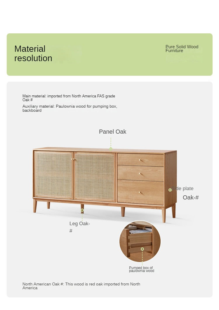 Oak Solid Wood Rattan Modern Sideboard Buffet Cabinet - Stylish Storage for Dining Room, Living Room & Entryway