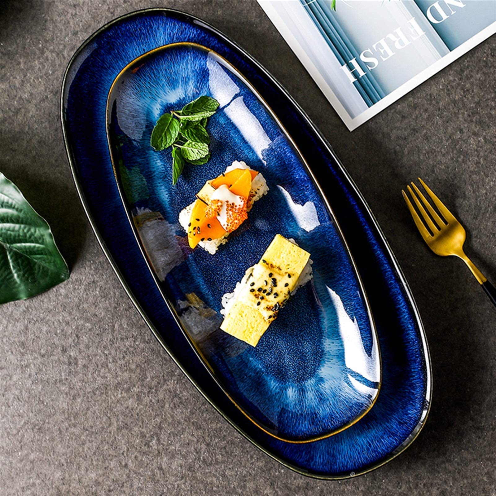 Blue Porcelain Oval Dinner Plates - Elegant Serving Platters for Meat, Appetizers & Desserts | Perfect for Fish Dishes, Dinner Parties & Home Decor