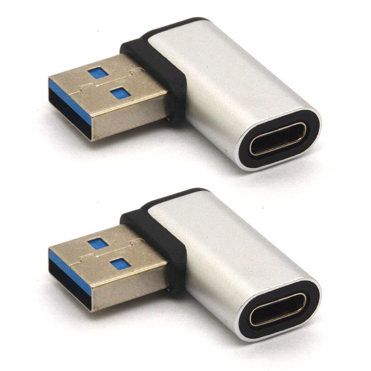 90 Degree Right Angle USB C to USB Adapter (2 Pack) - USB 3.0 Male to USB C Female Connector - Compatible with Samsung Galaxy Note 10, Google Pixel & More - Perfect for Tight Spaces & Cable Management (Right/Silver)