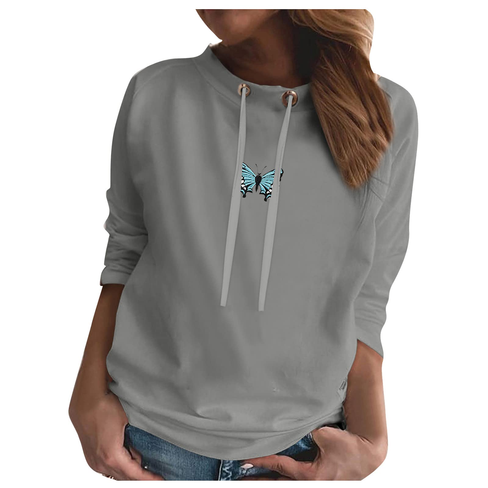 Women's Casual Print Long Sleeve Pullover Blouse with Drawstring Neckline - Stylish O-Neck Lapel Top for Everyday Wear, Office, and Date Nights