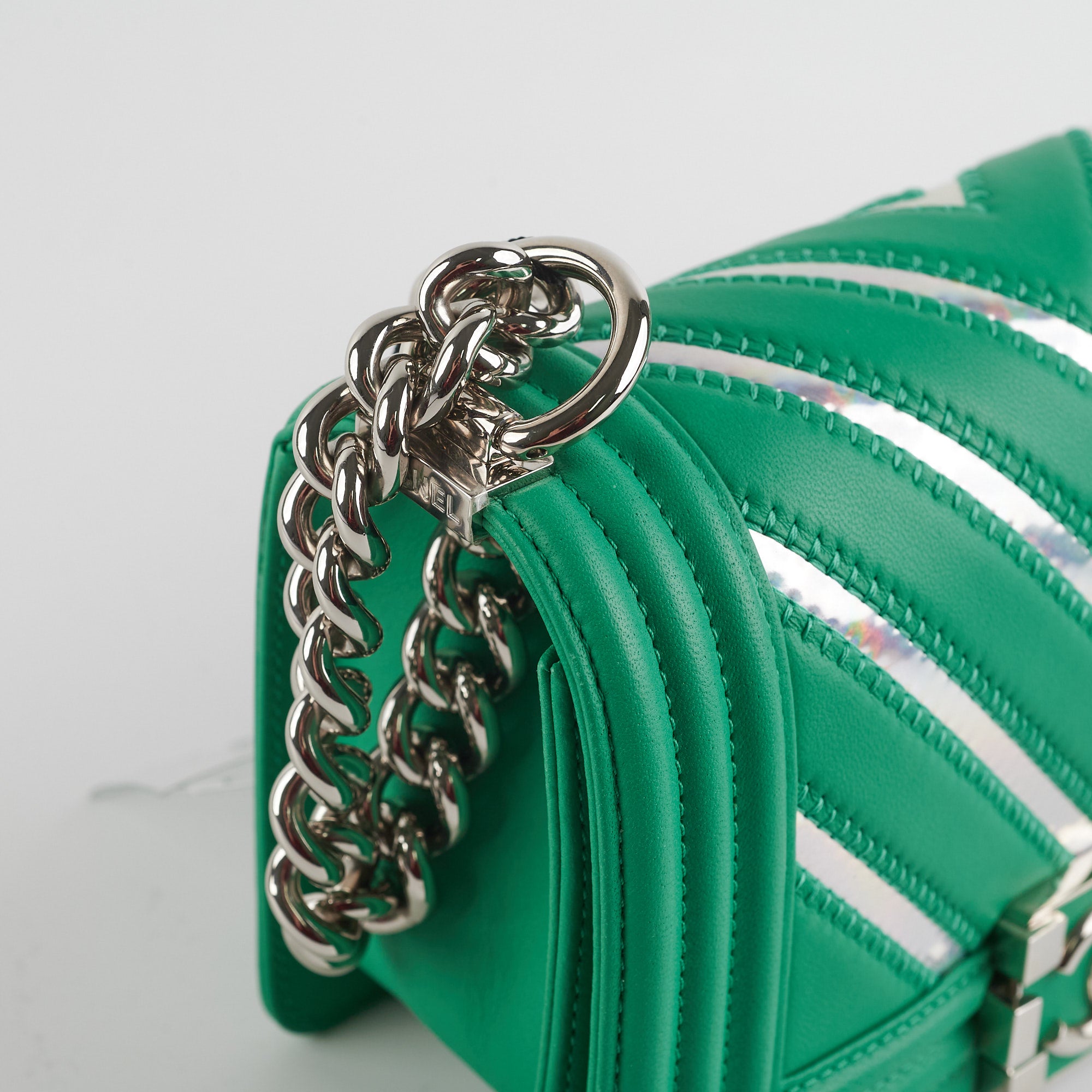 Chanel Chevron Boy Small Green Leather Bag with Holographic PVC Trim - Luxury Crossbody Purse for Women, Perfect for Evening Parties & Special Occasions