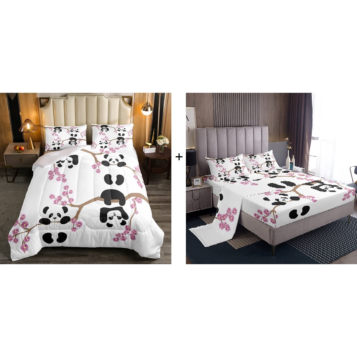 Erosebridal 7-Piece Panda Comforter Set with Fitted Sheet - Cherry Blossom Print Bedding Collection for Kids & Teens - Cozy Bedroom Decor for Nursery, Dorm Room or Gift