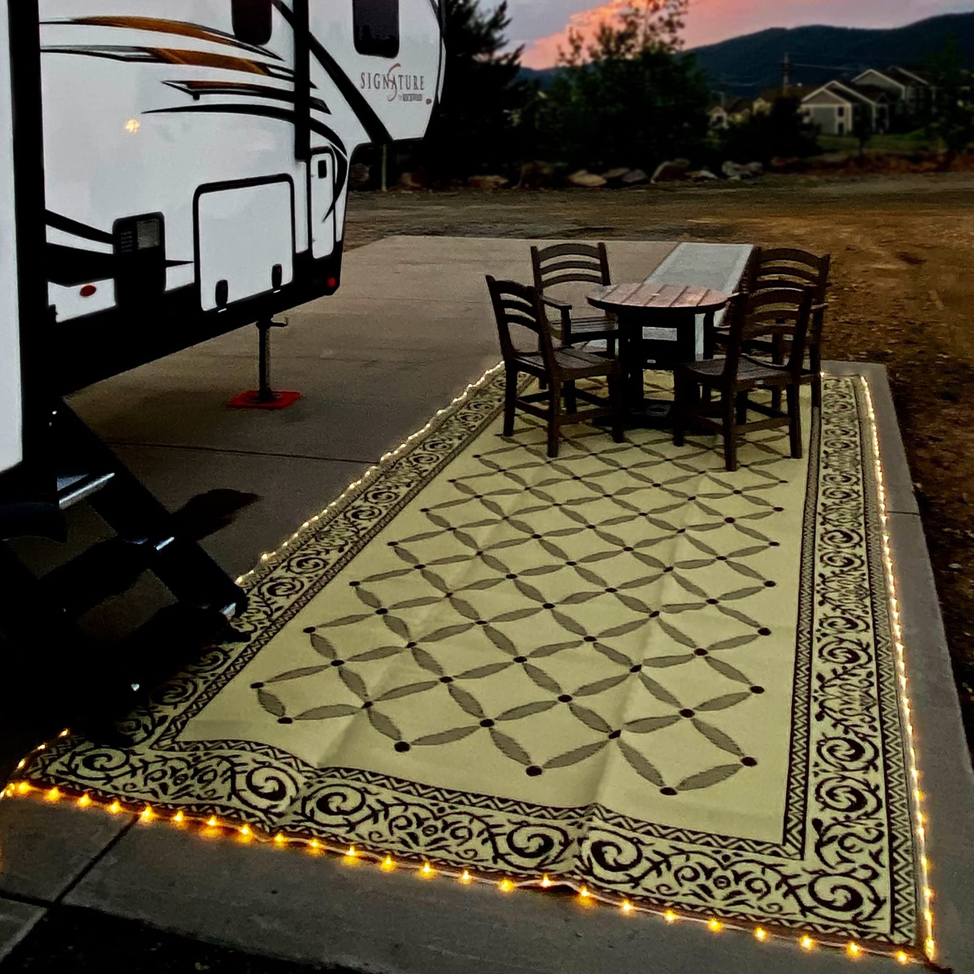 Premium 8x18ft LED Illuminated Outdoor Patio Mat - Waterproof Camping Rug for RV, Deck, Poolside & Backyard - Durable Brown/Beige Design - Perfect for Picnics, Beach Trips & Outdoor Gatherings