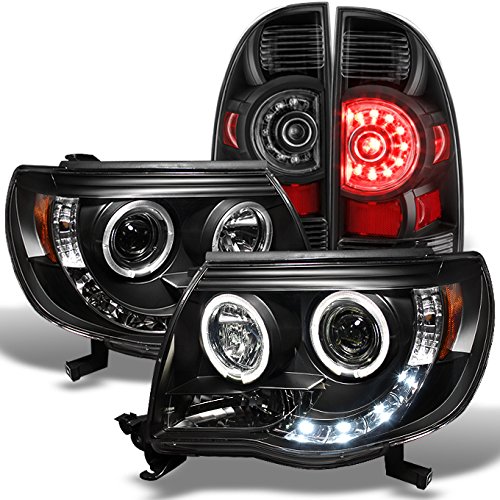 AKKON Black Bezel Projector Headlights + LED Tail Light Combo for 2005-2011 Toyota Tacoma - Dual Halo LED Lights for Off-Road & Night Driving