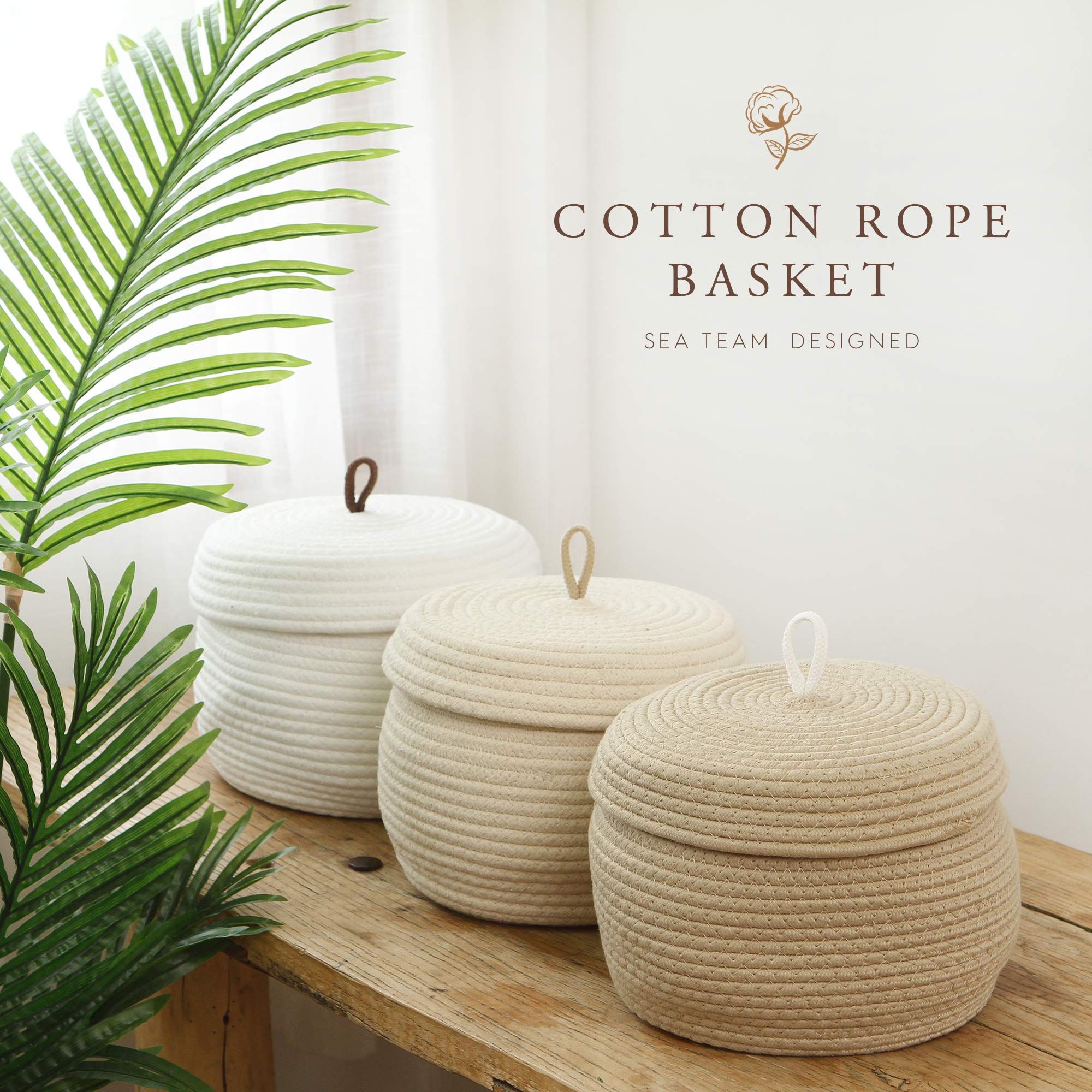 Sea Team Round Cotton Rope Storage Basket with Lid - Decorative Woven Organizer Bin for Home, Nursery & Office - Perfect for Snacks, Towels, Plants & Toys - 10 x 7.5 Inches Small Khaki Container