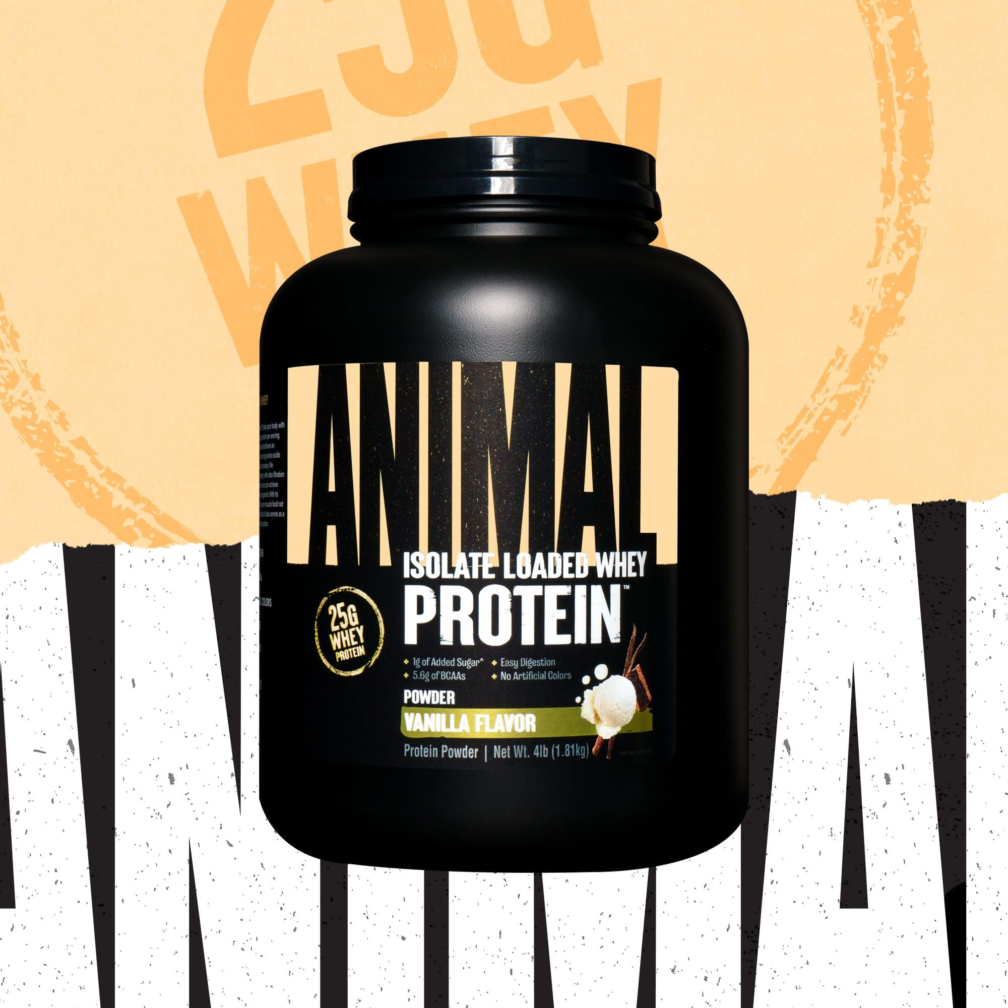 Animal Whey Isolate Protein Powder - 25g Protein for Muscle Building & Recovery, Low Sugar, Great Vanilla Taste - Pre & Post Workout Supplement with Digestive Enzymes for Men & Women - Ideal for Gym, Fitness & Weight Training - 4 lbs