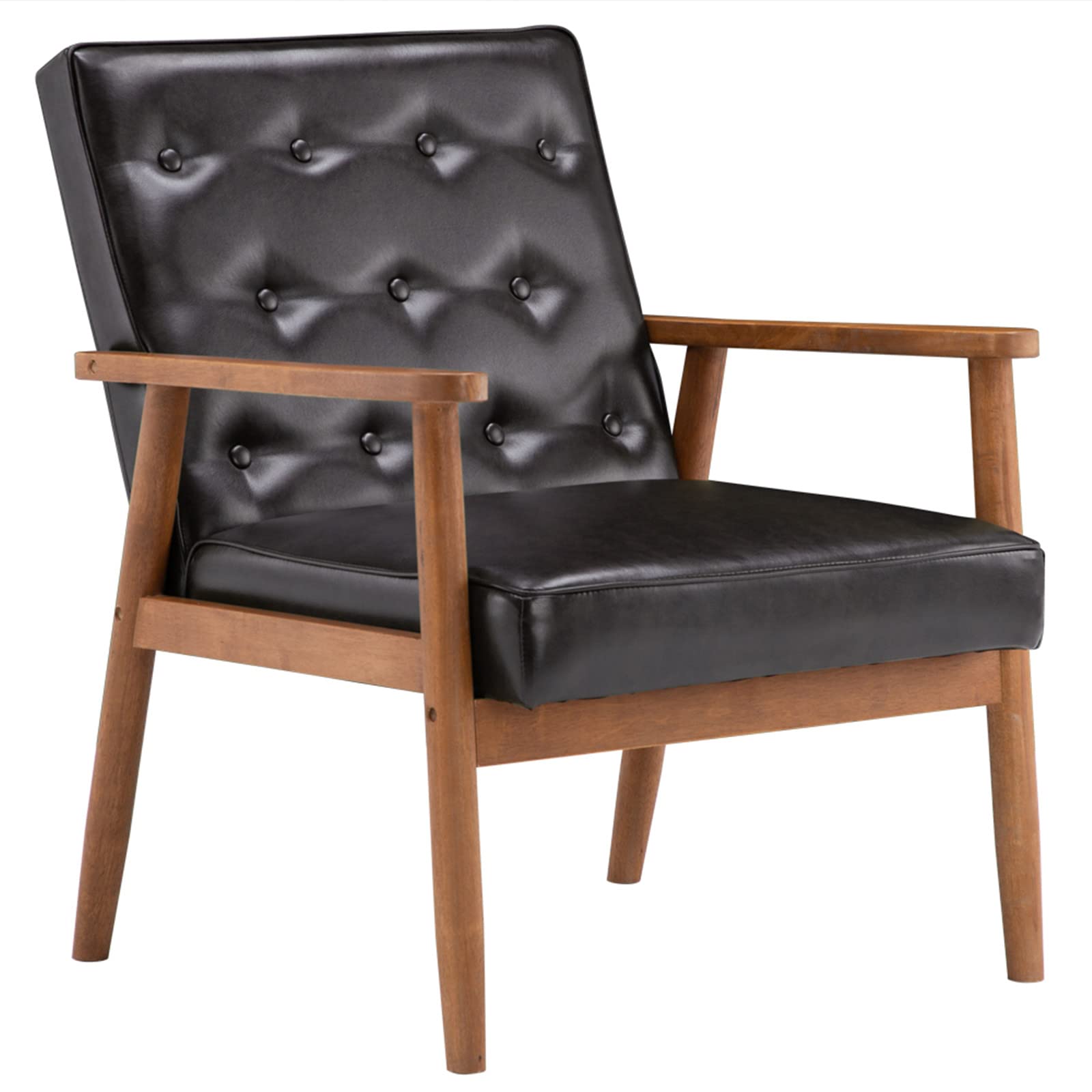 WiCCI Retro Modern Wooden Single Chair - Brown PU Leather Accent Chair for Bedroom, Office & Living Room - Perfect Reading Chair, Lounge Chair & Coffee Table Companion