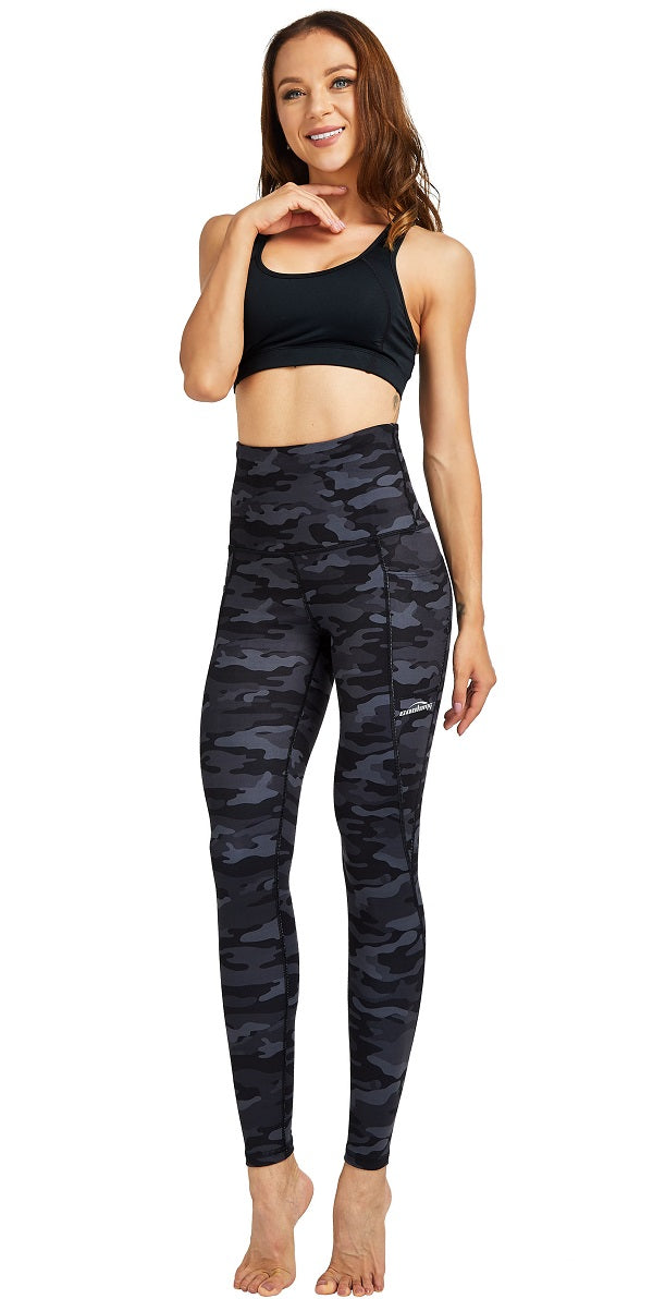 COOLOMG High Waist Yoga Pants with Pockets for Women - Workout Gym Running Leggings in Camo Black - Perfect for Yoga, Fitness, Running & Casual Wear
