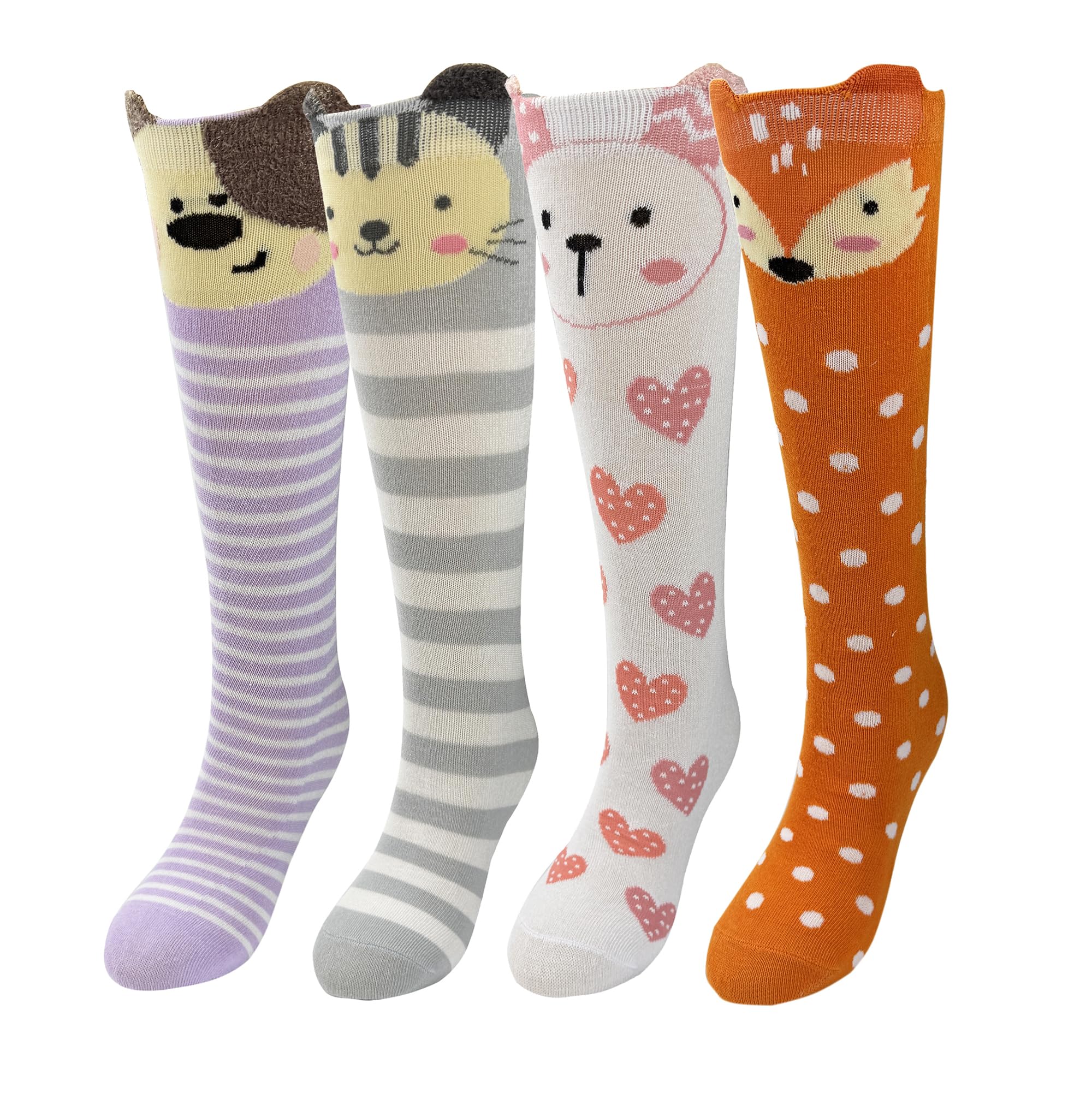 Bestjybt Girls' Knee-High Animal Socks - 4 Pairs Cozy Fun Cute Dog Cat Rabbit Fox Pattern Socks for Kids, Perfect Holiday Gift & Birthday Present - Great for Christmas, School, Sleepovers & Winter Outfits
