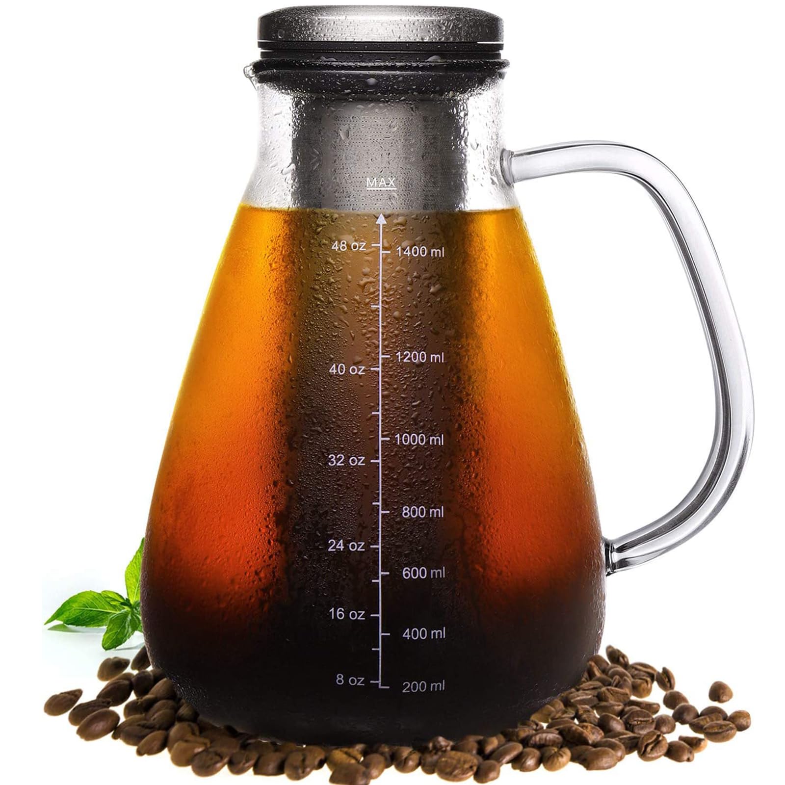 Premium Cold Brew Coffee Maker 51oz - BPA-Free Glass Pitcher with Removable 304 Stainless Steel Double Mesh Filter - Iced Coffee & Tea Infuser for Home, Office, and Outdoor Use