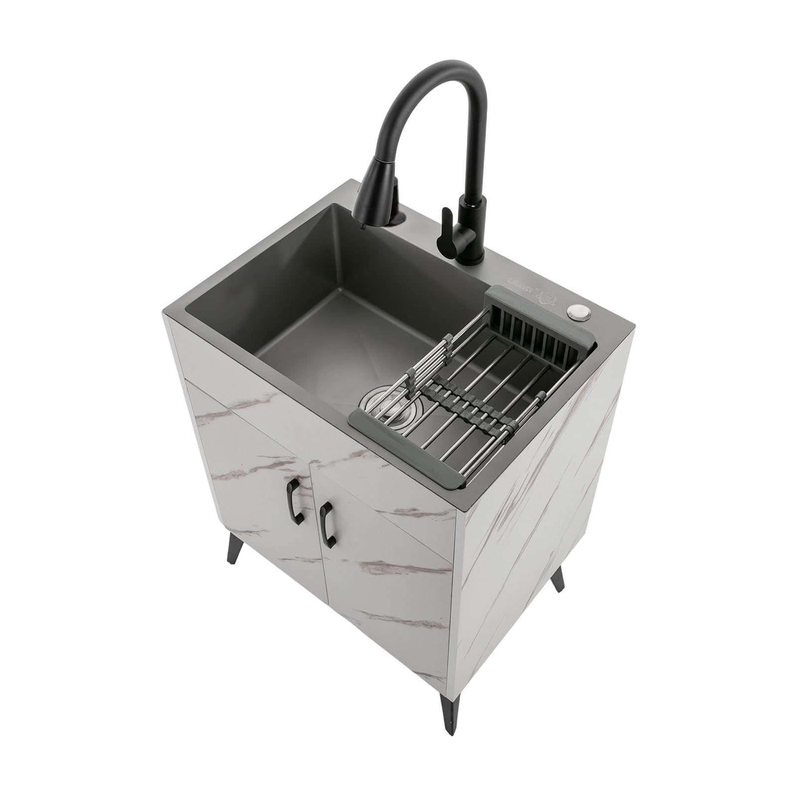 23.62 Inch Stainless Steel Laundry Sink with Cabinet & Pull-Out Sprayer Faucet - White Utility Sink for Laundry Room, Bathroom, Kitchen & Basement - Perfect for Washing Clothes, Cleaning Pets & Household Chores