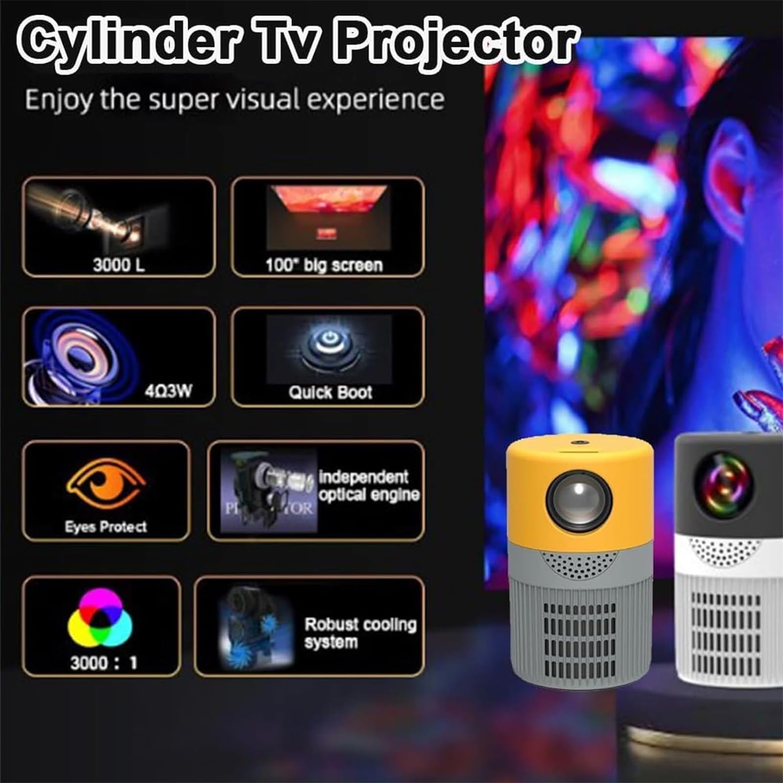 4K WiFi Bluetooth Cylinder TV Projector - Portable Mini Home Theater Movie Projector for Indoor Outdoor Movie Nights, Gaming & Presentations (Black)