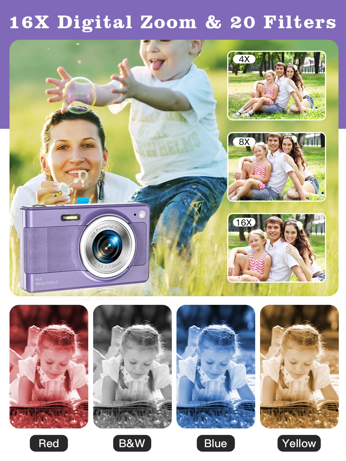 56MP FHD 1080P Kids Digital Camera with 16x Zoom & Anti-Shake | 32GB TF Card, 2 Batteries & Lanyard Included | Compact Purple Camera for Boys & Girls | Perfect for Travel, Birthday Gifts & First Photography Experience