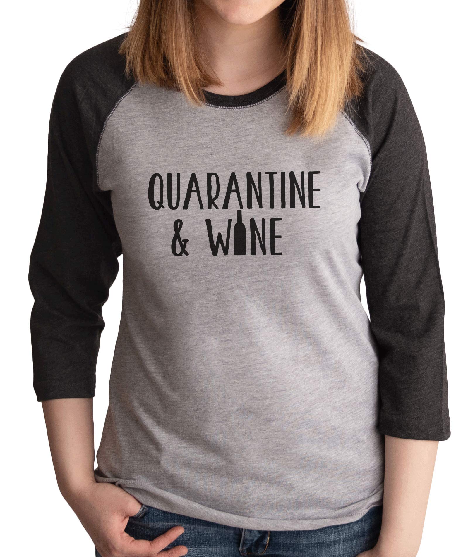 7 ate 9 Apparel Women's Quarantine & Wine Grey T-Shirt - Soft Cotton Casual Tee for Relaxing at Home, Virtual Happy Hours & Cozy Evenings