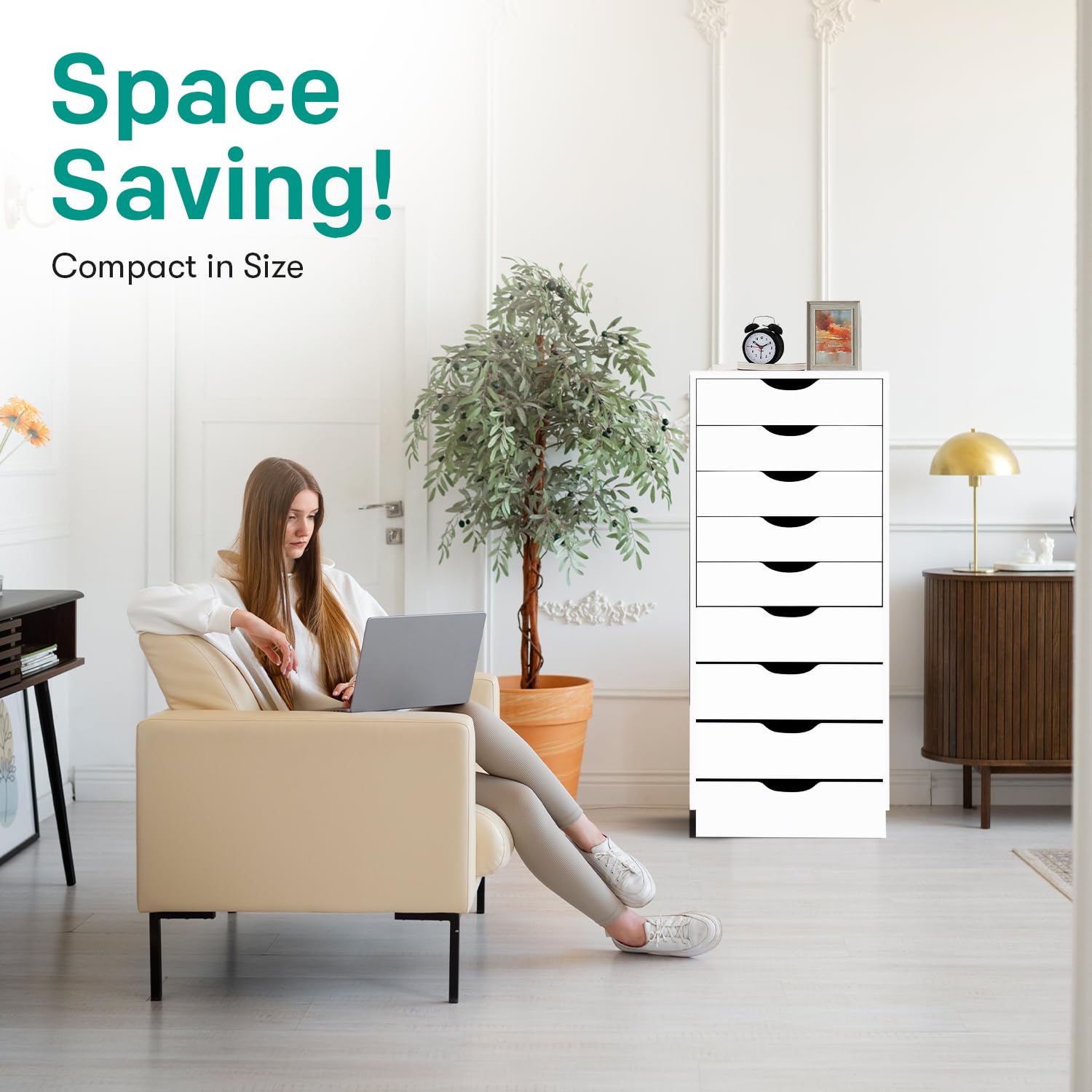 Naomi Home Bianca 9-Drawer Wooden Dresser Cabinet - Large Storage Organizer with Makeup Drawers for Bedroom & Closet - 200 lbs Weight Capacity - White - Perfect for Home Organization & Space Saving