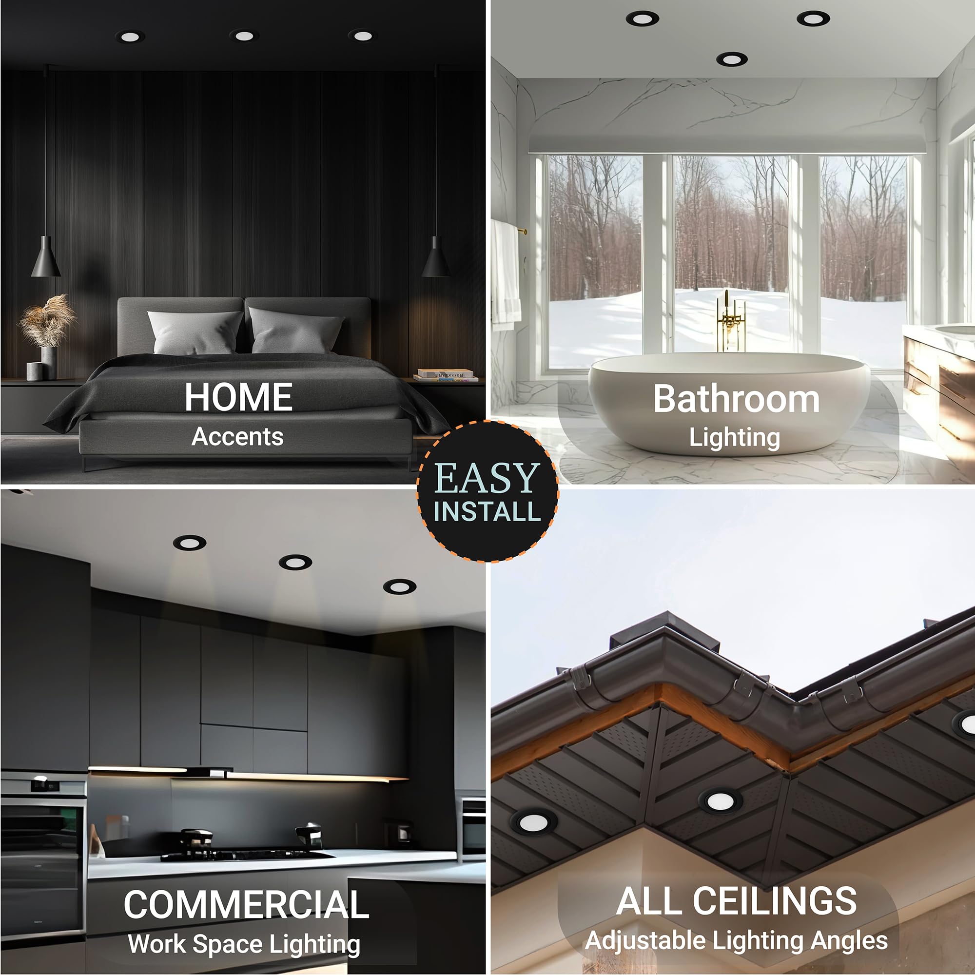 NUWATT 6 Inch Black Gimbal LED Recessed Lighting - 5CCT Adjustable Dimmable Wafer Lights (2700K-5000K) - 1050LM, 12W Canless Downlight for Sloped Ceiling - 6 Pack - Perfect for Living Room, Kitchen & Bedroom Lighting