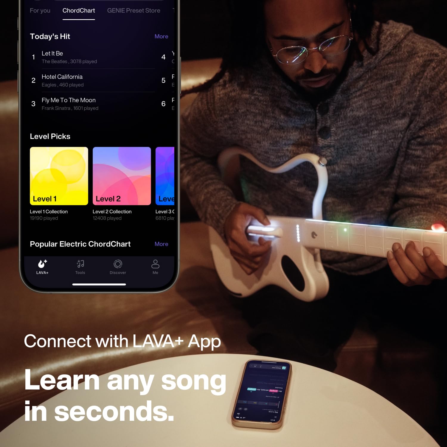 LAVA GENIE Stringless Smart Guitar - Wireless, 30.5 Inch Foldable Electric Guitar with 100+ Instrument Presets & Built-in Speaker - Perfect for Travel, Practice & Silent Playing (White)