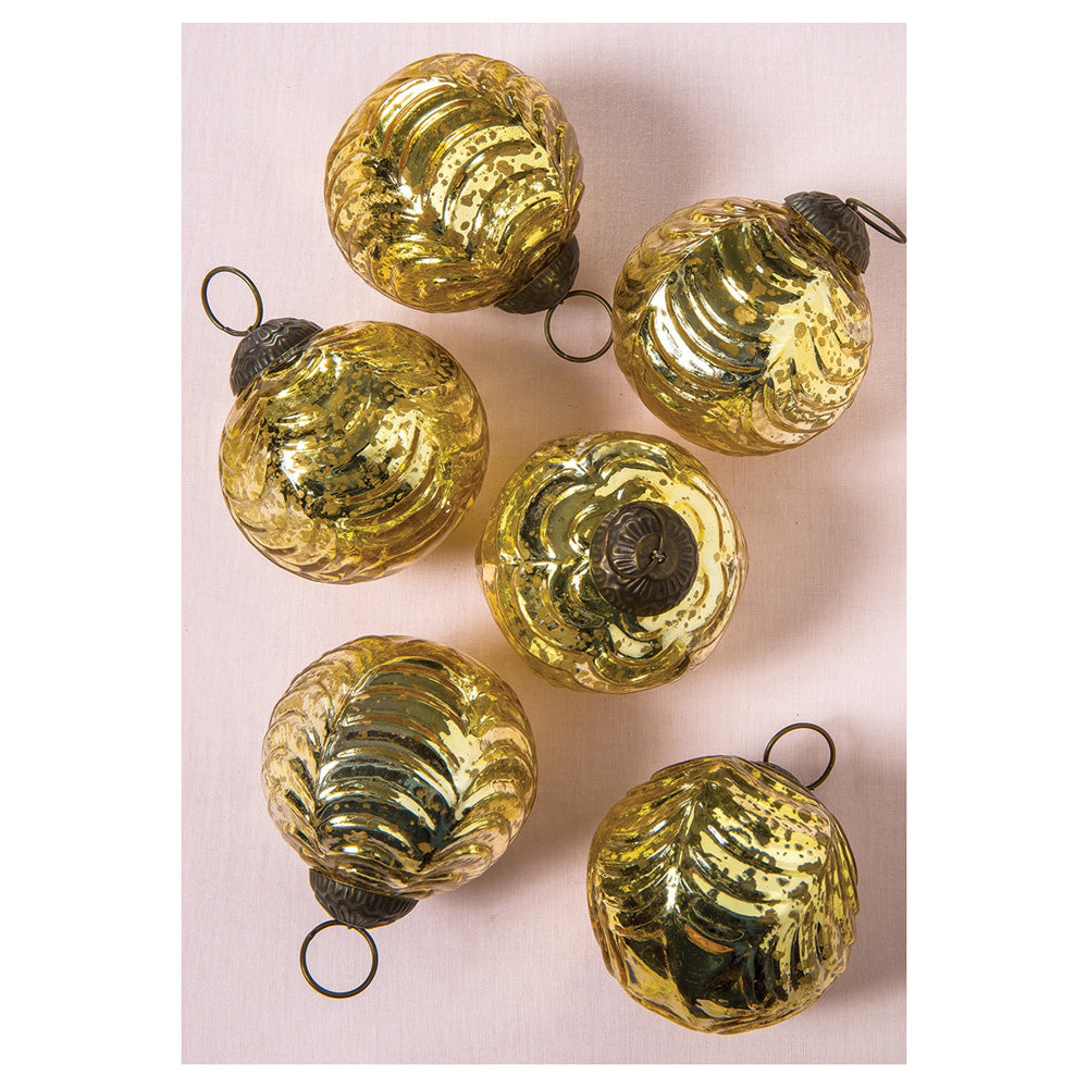6 Pack 2.5 Inch Gold Nola Mercury Glass Waved Ball Ornaments - Elegant Christmas Tree Decorations for Holiday Home Party Decor