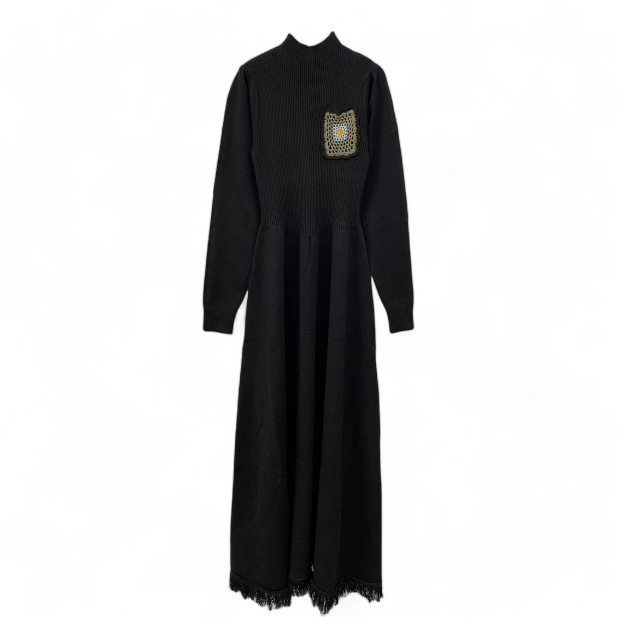 Elegant Black Knit Tea Dress with Fringe Details & Crochet Pocket - Perfect for Casual Outings, Date Nights & Boho Chic Style