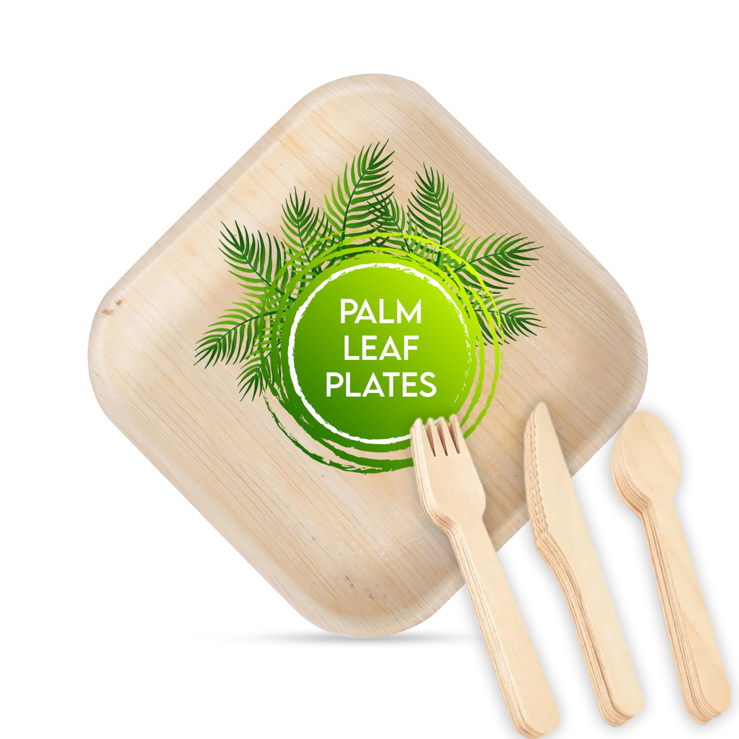 Eco-Friendly 230-Piece Party Dinnerware Set - 50 Palm Leaf Plates, 60 Wood Forks, 60 Knives, 60 Spoons | 6