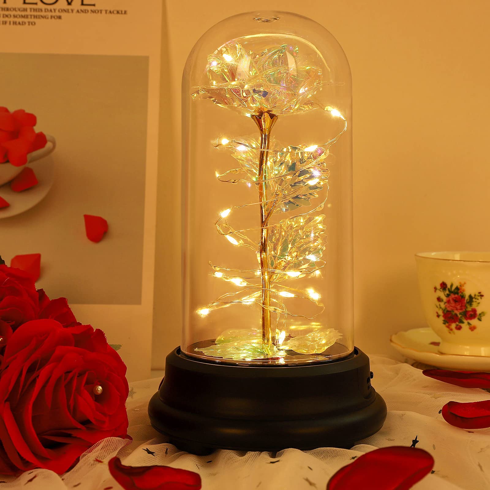 N&T NIETING Light Up Glass Rose Gift for Mom, Her, Girlfriend, Wife - Elegant Birthday, Anniversary, Valentine's Day Present with LED Illumination - Perfect for Romantic Nights, Home Decor, and Special Occasions