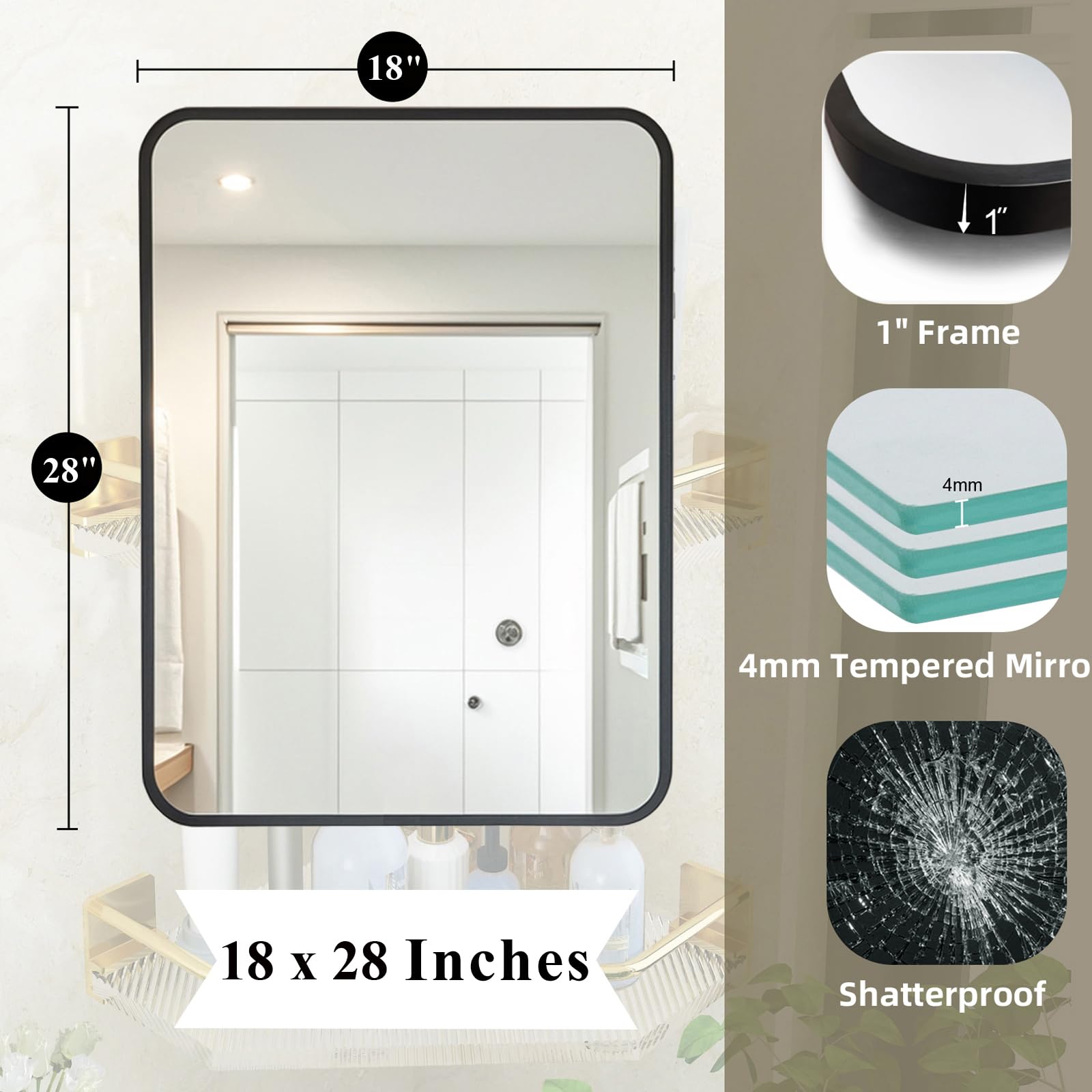 18x28 Inch Black Rectangle Bathroom Mirror with Metal Frame - Shatterproof Tempered Glass for Over Sink, Vanity Wall Mount - Perfect for Restroom, Powder Room & Toilet Decor