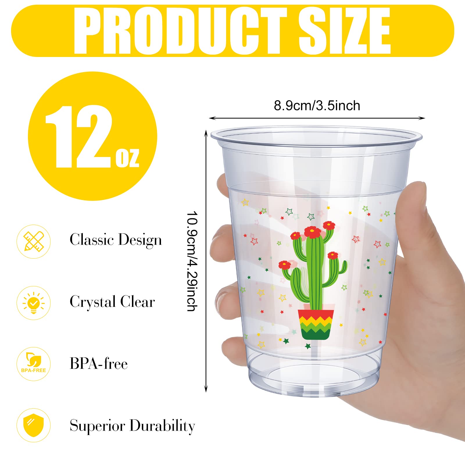 Meekoo 100-Pack 12 oz Clear Plastic Fiesta Cups - Disposable Mexican Party Cups for Cinco de Mayo, Taco Night & Birthday Celebrations - Bulk Drinkware Supplies in 4 Fun Styles - Perfect for Margaritas, Cocktails & Party Decorations