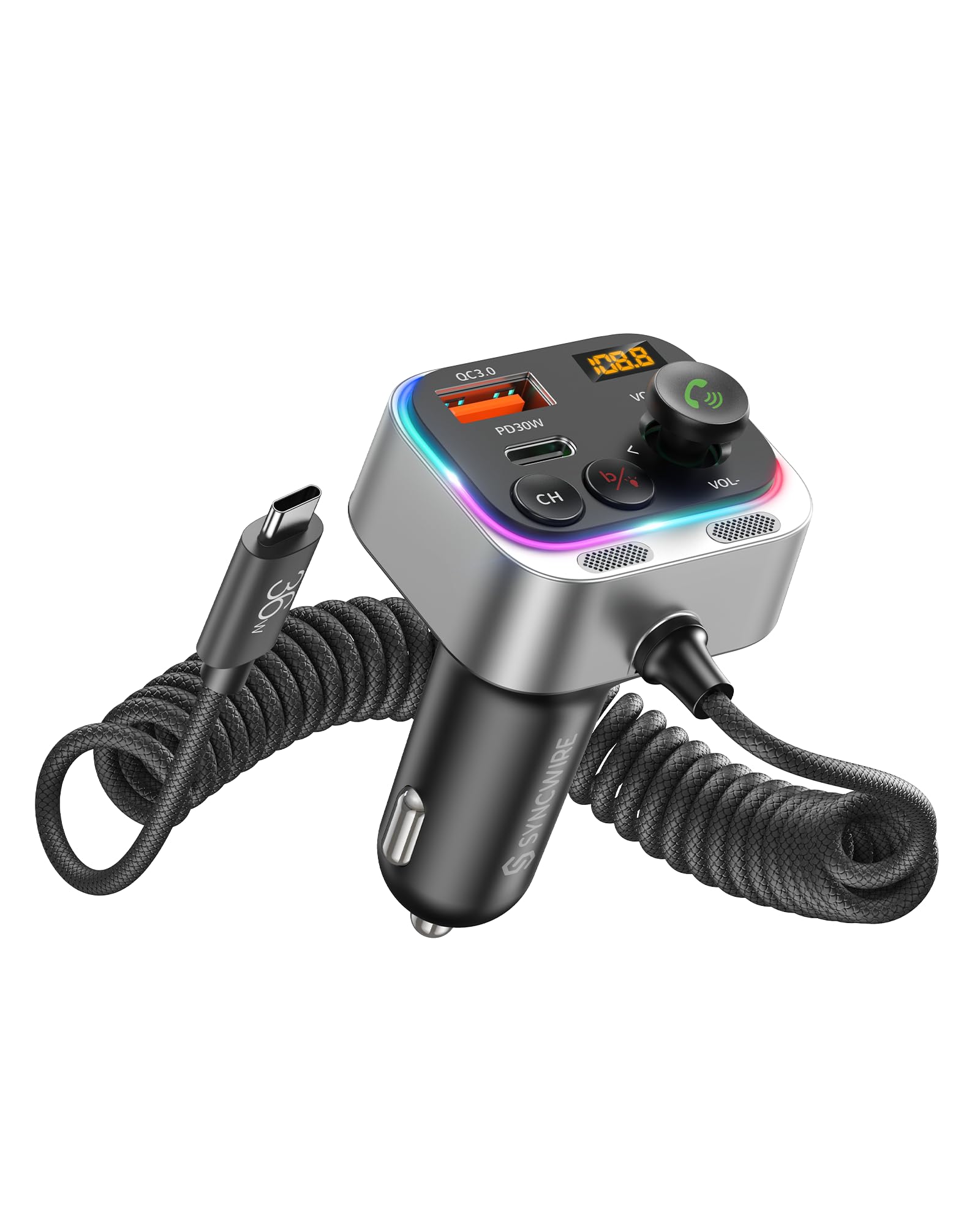 Syncwire Bluetooth 5.4 FM Transmitter Car Adapter - 66W PD & QC 3.0 Fast Charging with USB-C Cable - Wireless Radio Adapter with LED Light Control, HiFi Bass, Hands-Free Calling & Noise-Canceling Mics - Perfect for Road Trips, Commuting & In-Car Entertainment