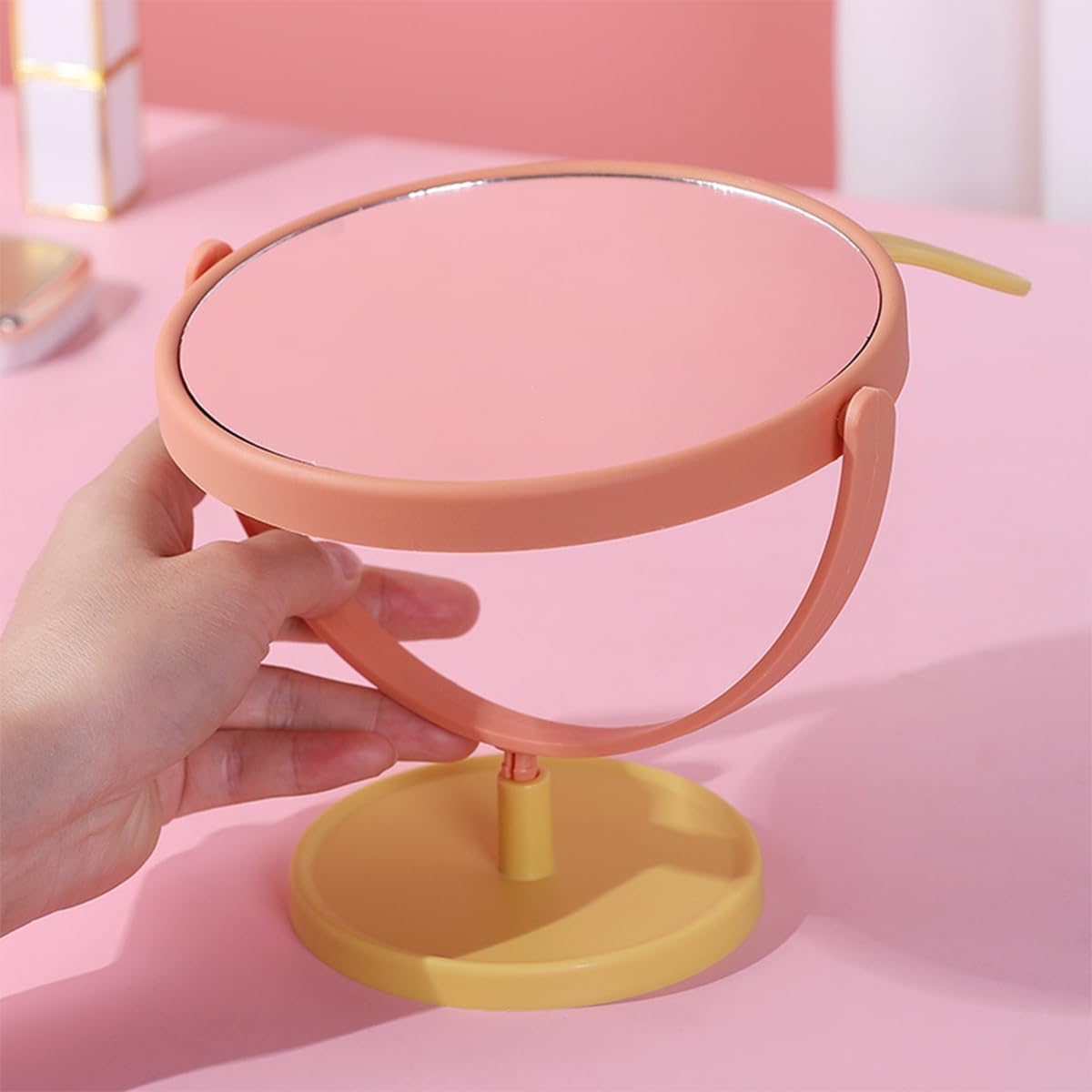 Leeonz Round Vanity Makeup Mirror with Stand - Wall Mount or Desktop Plastic Mirror with Cute Rabbit Ears (Pink & Yellow) for Bathroom, Bedroom, Dorm Room Decor