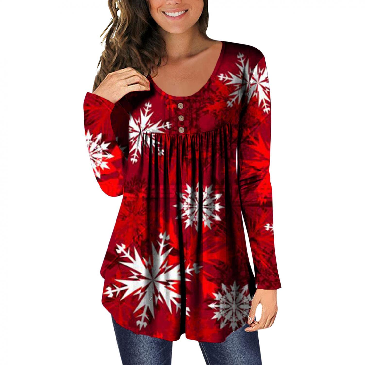 Women's Christmas Printed Tunic Tops - Cute Loose Button Long Sleeve Casual Pullover Shirts for Holiday Parties & Festive Outfits