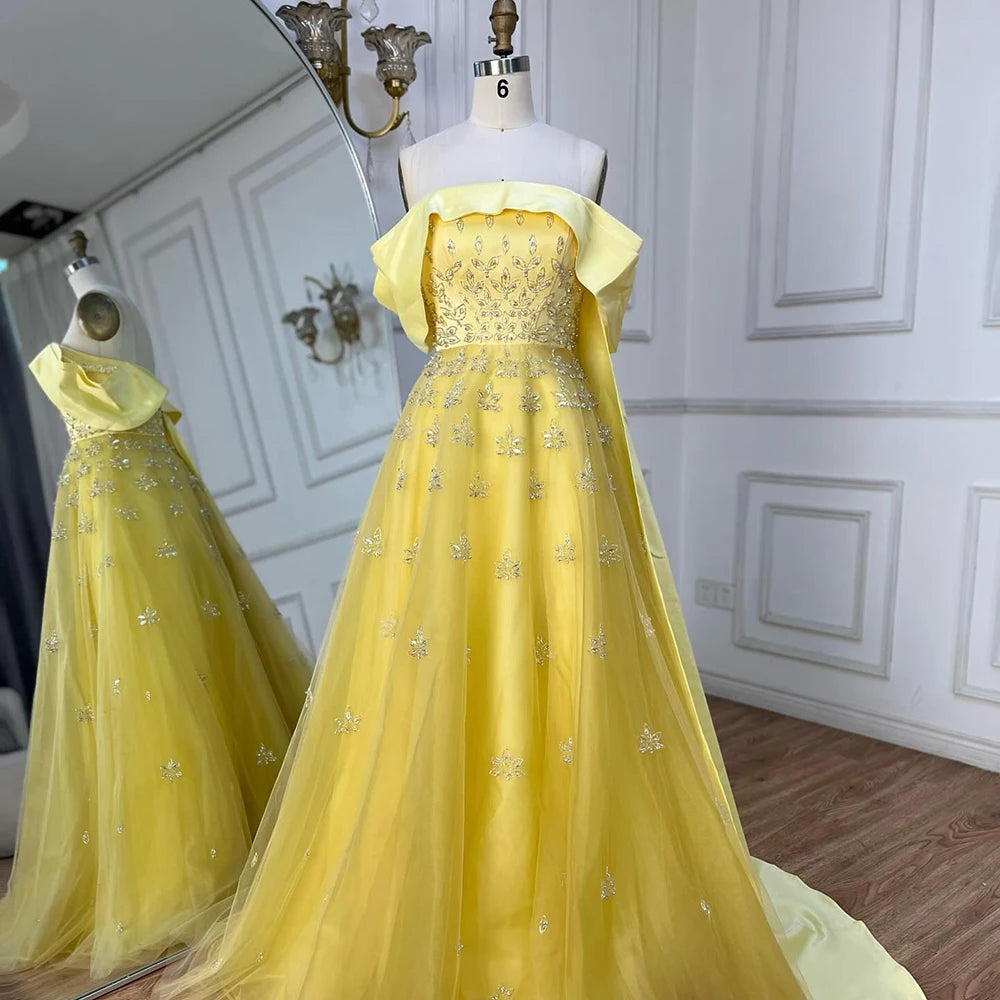 Serene Hill Luxury Dubai Arabic Yellow Elegant Boat Neck Long Evening Dress Beaded Party Gown for Women - LA72531 | Perfect for Weddings, Galas, and Formal Events