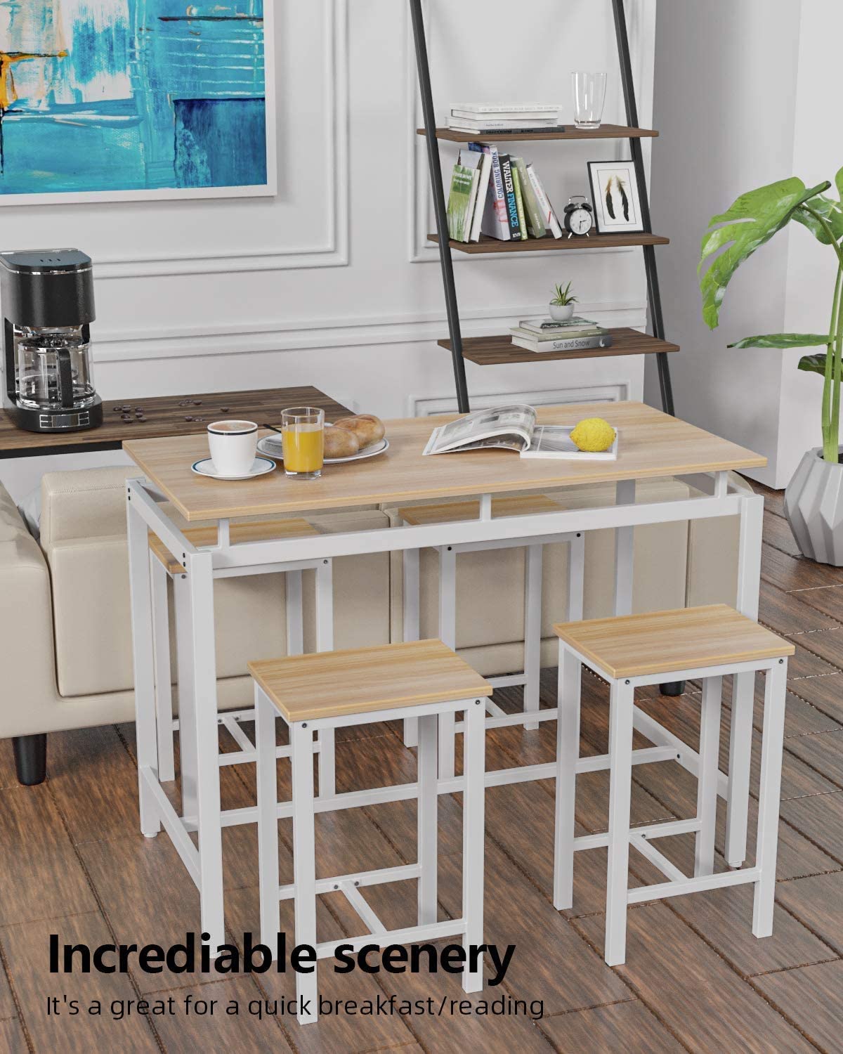 MIERES 5-Piece Wooden Pub Table Set for 4 - Elegant Beige & White Kitchen Dining Table (34.7