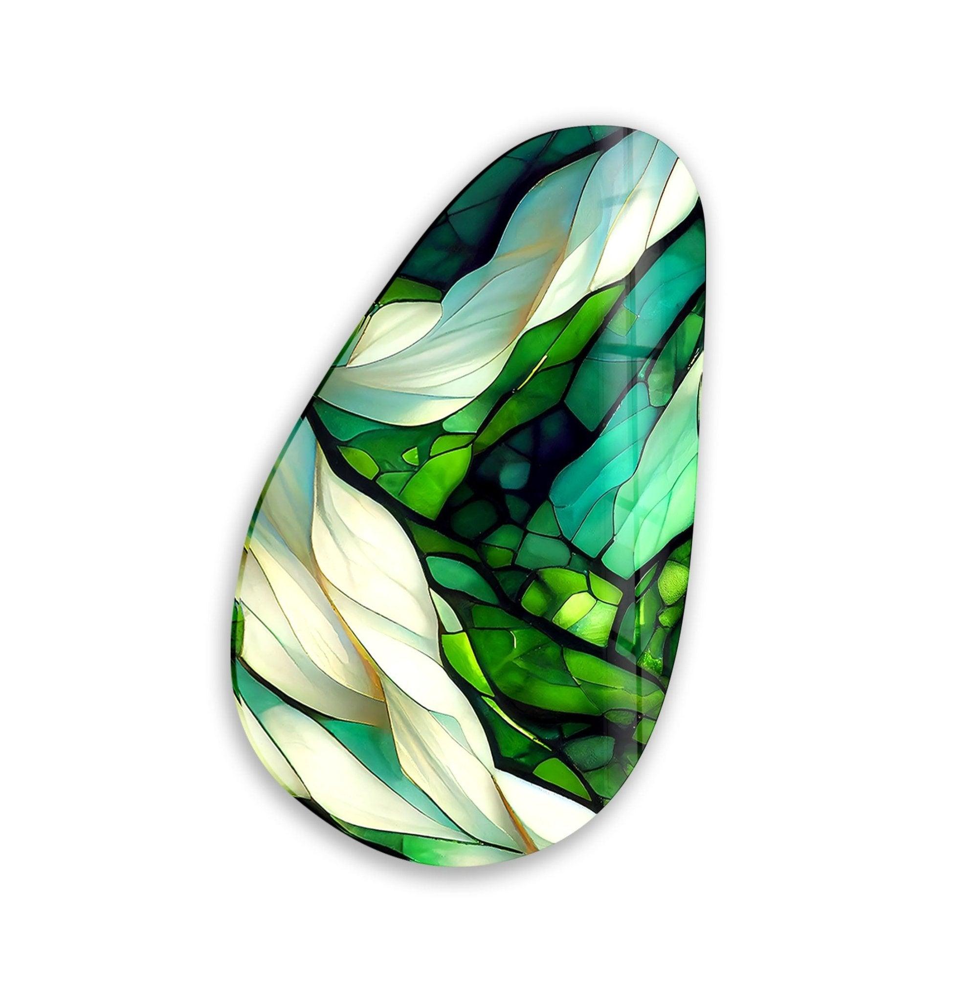 Handmade Asymmetrical Oval Green Fractal Glass Wall Art - Modern Abstract Home Decor for Living Room, Bedroom & Office