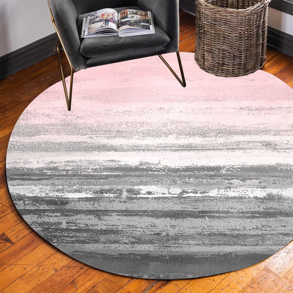 Grey Pink Modern Aesthetic Washable Wool Round Area Rug - 3ft Circular Carpet for Living Room, Bedroom, Office & Patio - Soft Home Decor Accent for Chairside, Dining & Bathroom Spaces