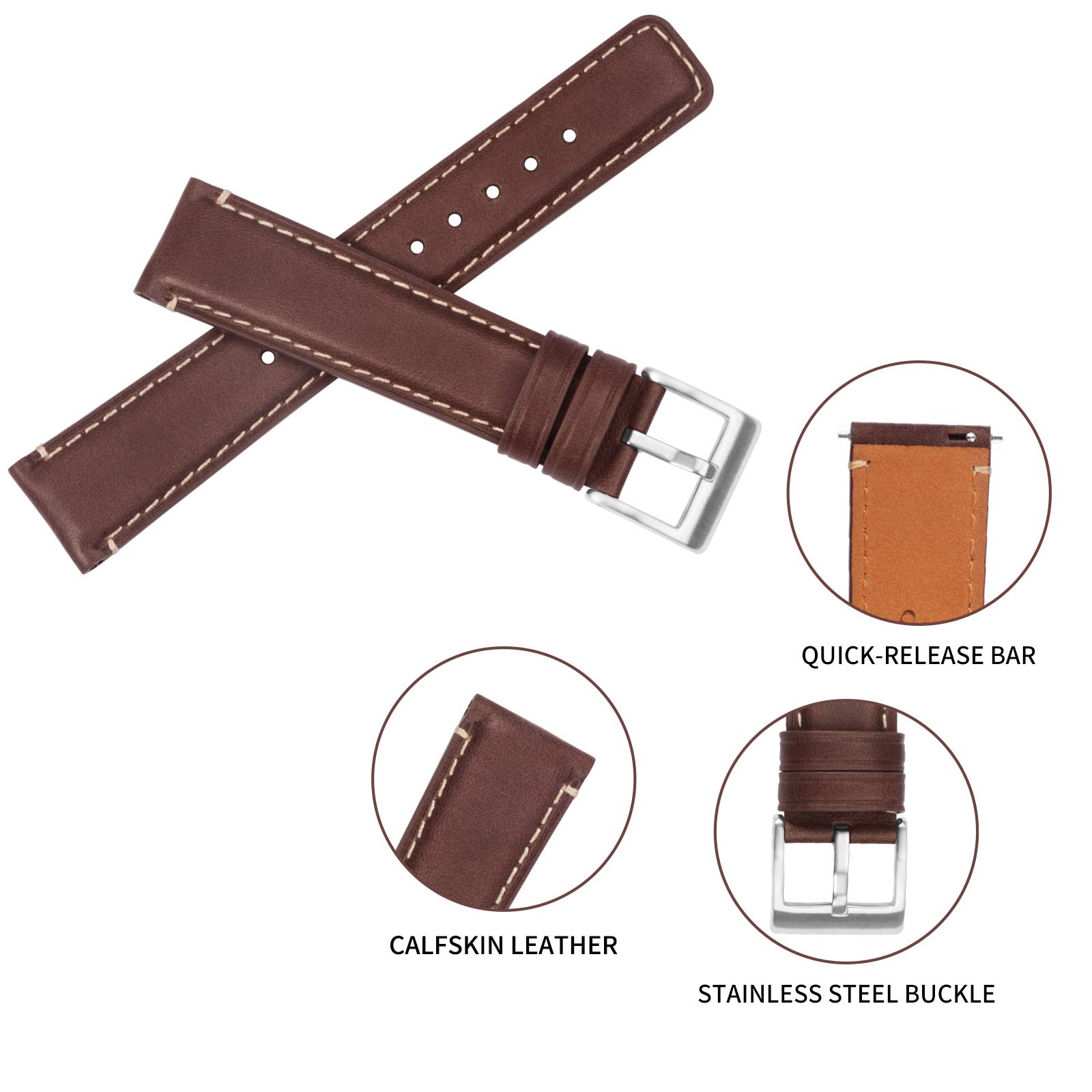 Premium Soft Brown Leather Watch Band 20mm - Quick Release Replacement Strap for Men & Women - Compatible with Smartwatches & Traditional Watches - Perfect for Casual, Office & Formal Wear - 18mm 20mm 22mm Sizes Available