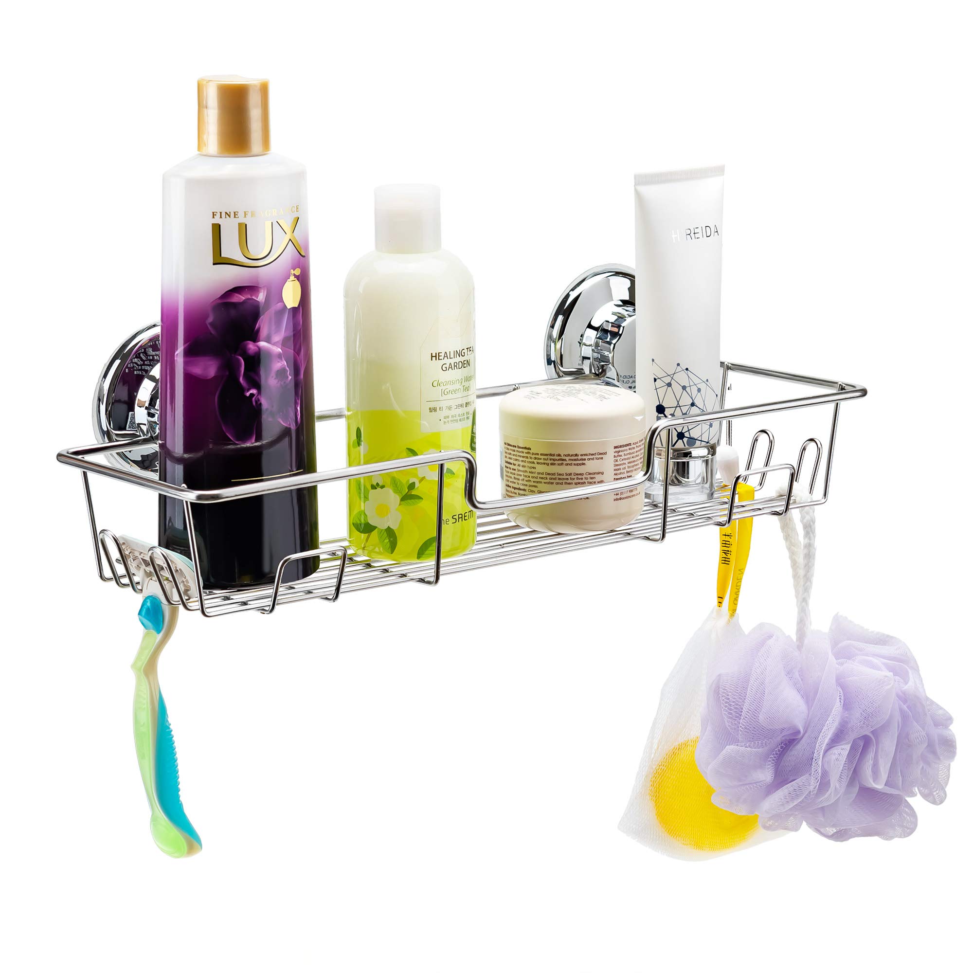 iPEGTOP L-4C Strong Suction Cup Shower Caddy with 4 Hooks - Rustproof Chrome Bathroom Organizer for Shampoo, Conditioner, Soap & Razor Storage - Perfect for Shower, Bathtub and Bathroom Organization