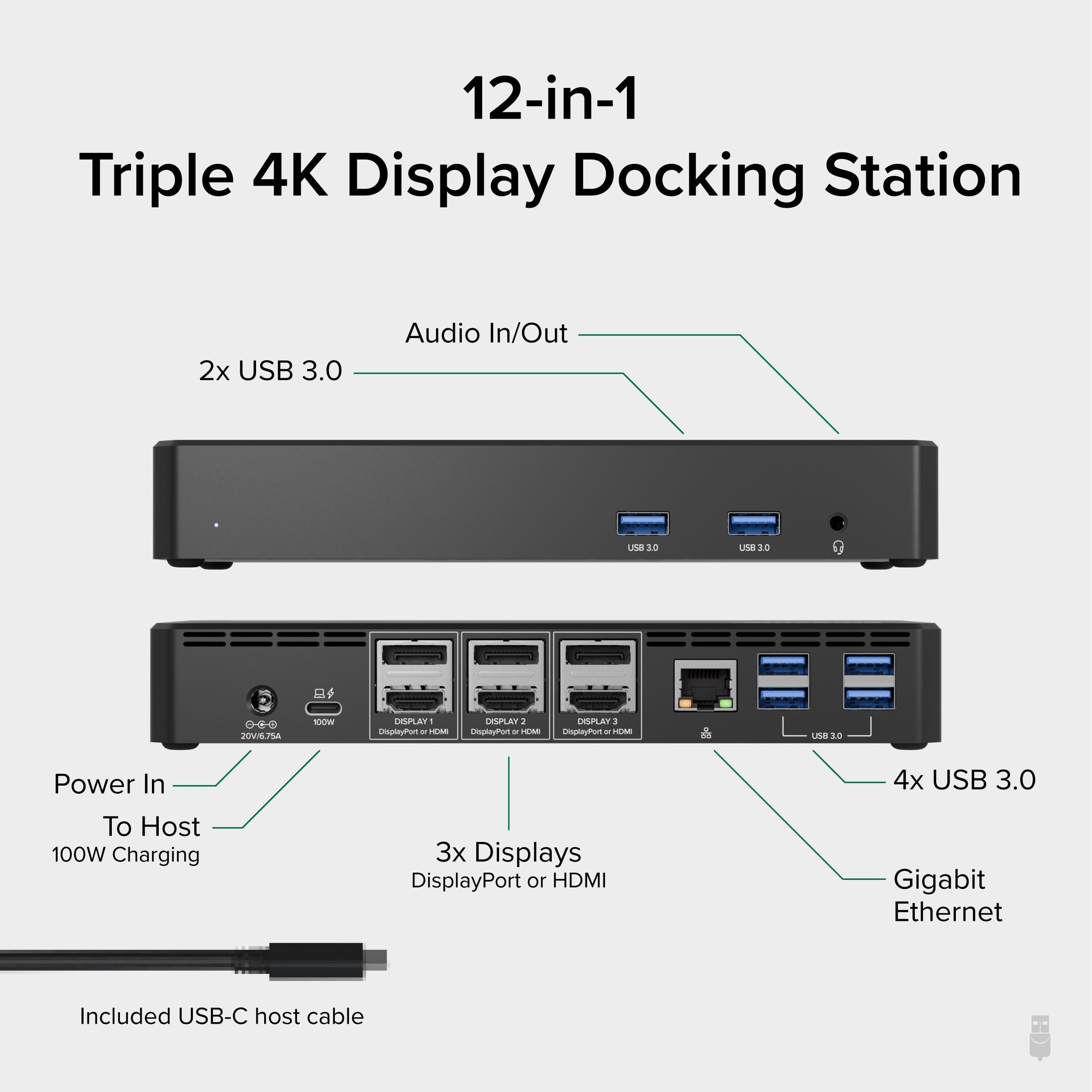 Plugable USB C Docking Station with 4K Triple Monitor Support & 100W Laptop Charging - Ideal for Home Office, Gaming & Multi-Tasking Workspaces