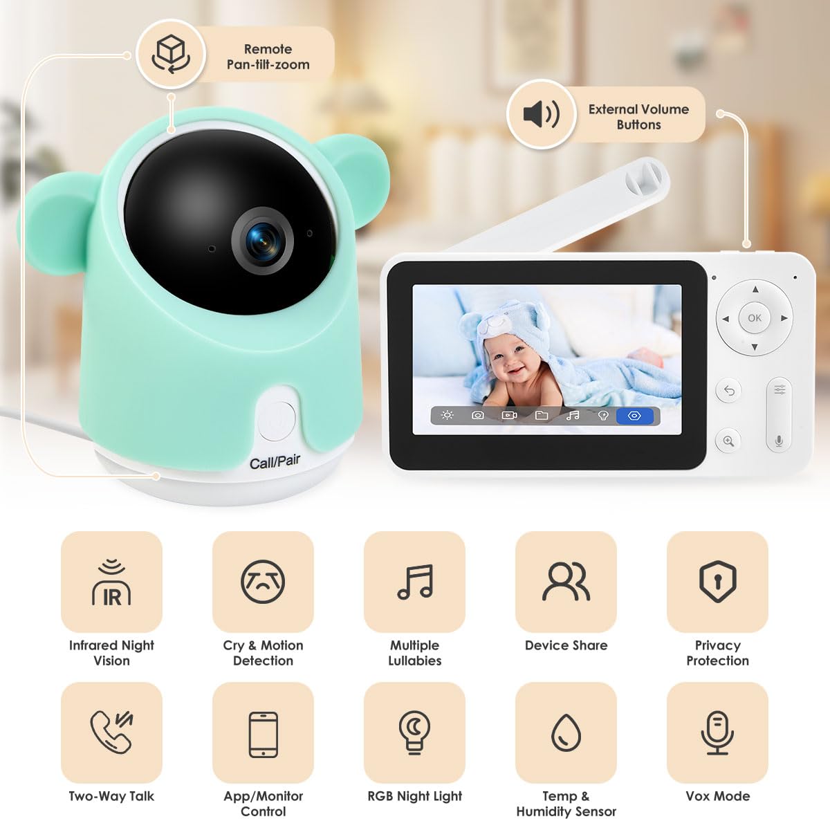 **1080P WiFi Baby Monitor with Camera & Audio - Smartphone App Control, Night Vision, 4.3” Screen, 2-Way Talk, Temperature & Humidity Sensor, Lullabies, Motion & Cry Detection for iOS/Android - Perfect for Nursery, Travel & Home Security**