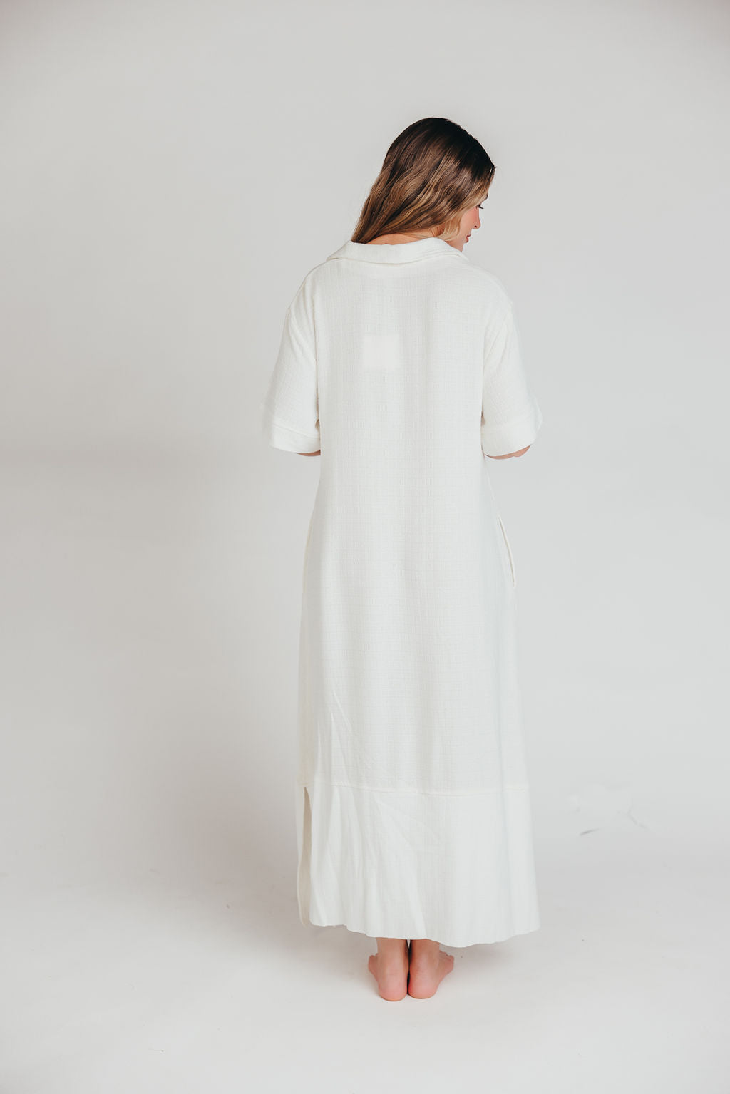 Fallon Linen Blend Collared Midi Dress in Ivory - Bump Friendly Maternity Dress for Women | Perfect for Summer Weddings, Baby Showers & Casual Outings