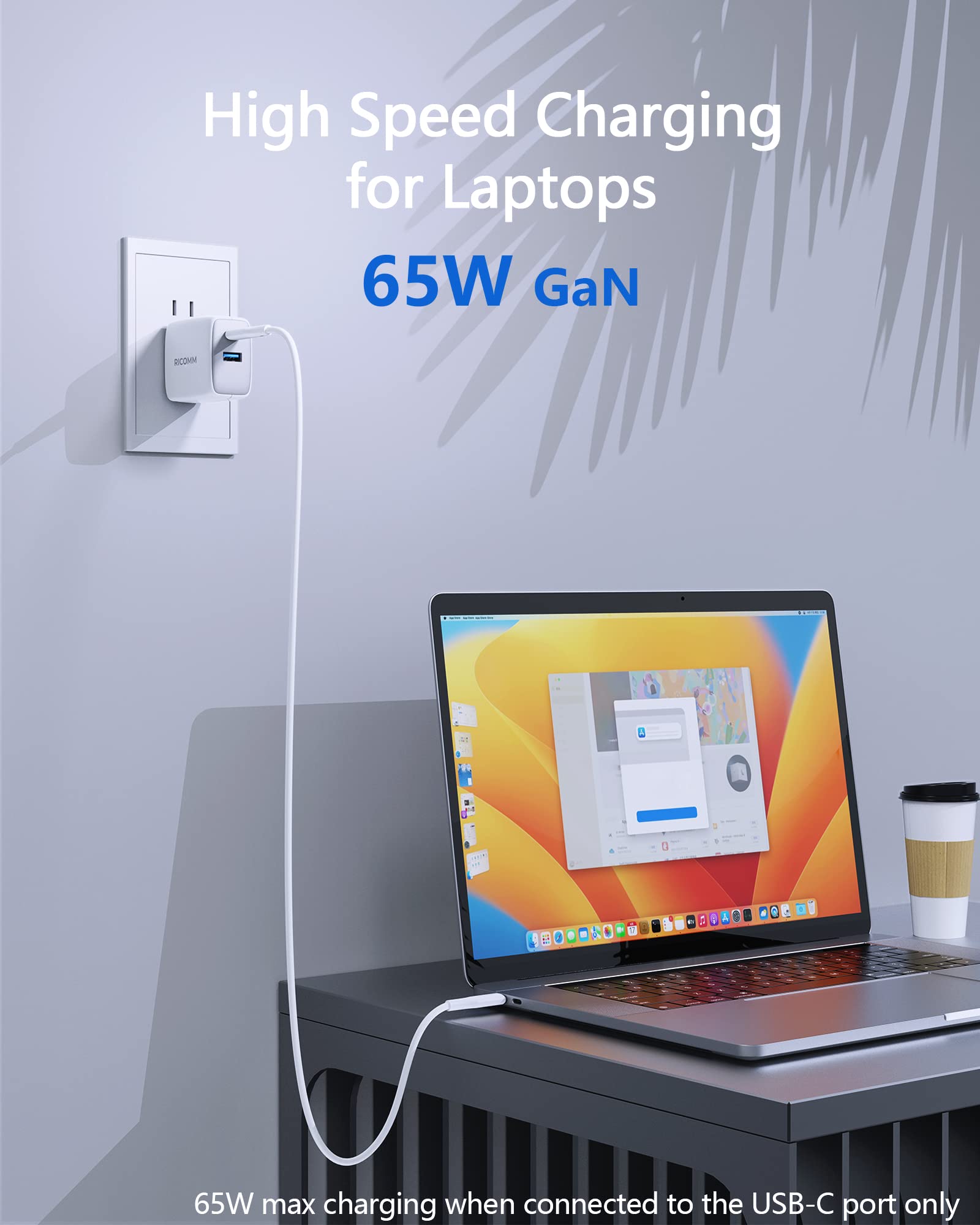 65W USB-C GaN Fast Charger with 6.8FT Soft Silicone Cable - PPS PD 3.0 Foldable Travel Wall Charger for MacBook Pro/Air, iPhone 15/14 Pro Max, iPad, AirPods, Samsung Galaxy S24/S23/S22 - Perfect for Home, Office & Travel Charging