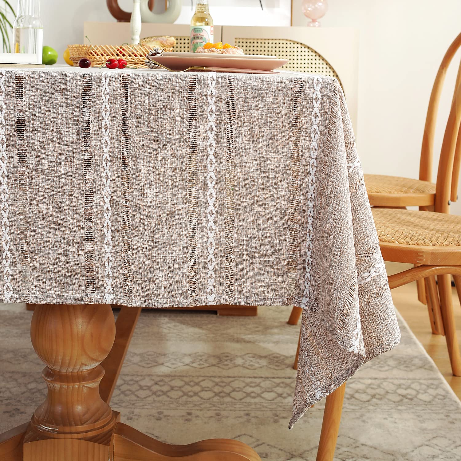 Farmhouse Style Linen Tablecloth 60x84 Inches - Wrinkle Resistant, Washable Rectangle Dining Table Cover in Light Coffee with Hemstitch Detail | Perfect for Rustic Weddings, Holiday Dinners & Farmhouse Decor