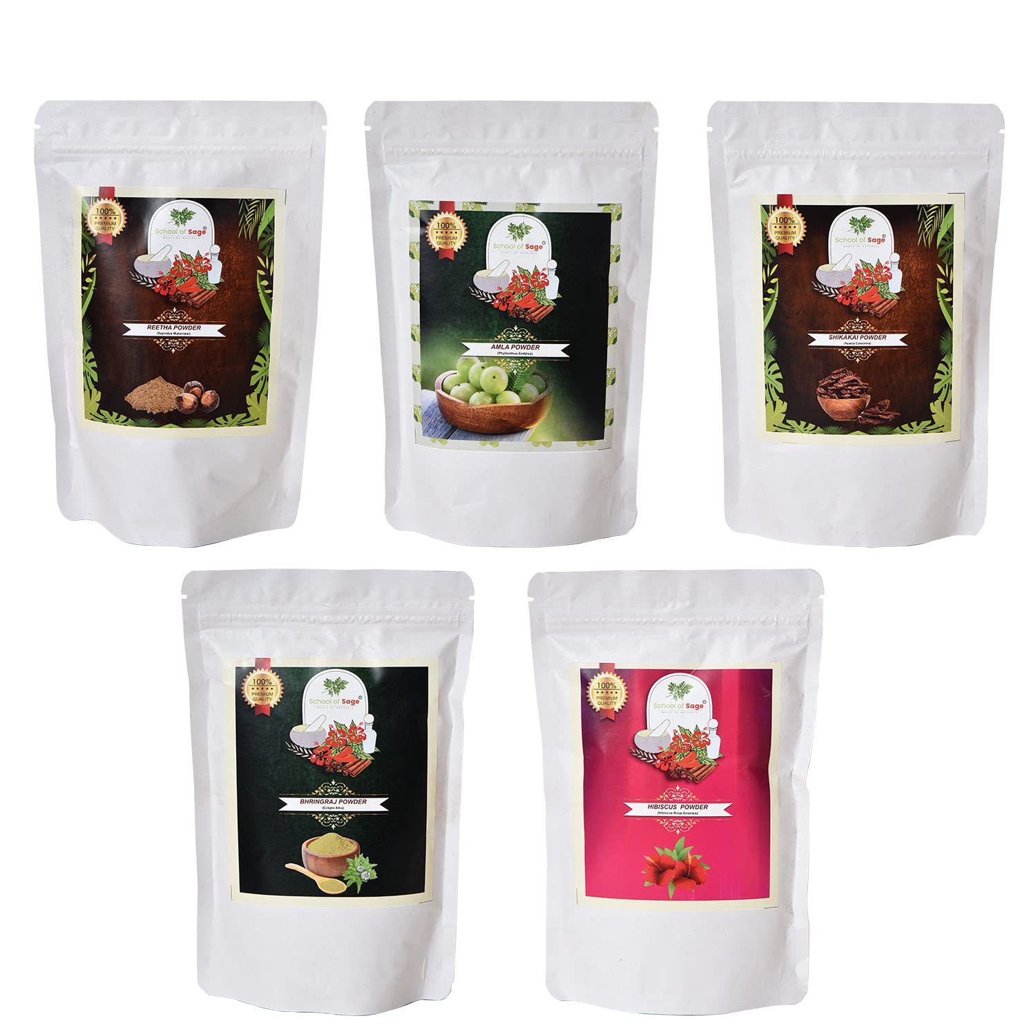 Organic Ayurvedic Hair Care Powder Set - Reetha, Amla, Shikakai, Bhringraj & Hibiscus (250g Total, 5x50g Packs) | Natural Shampoo Alternative for Hair Growth, Dandruff Treatment & Scalp Health | DIY Hair Mask & Herbal Hair Wash Solution
