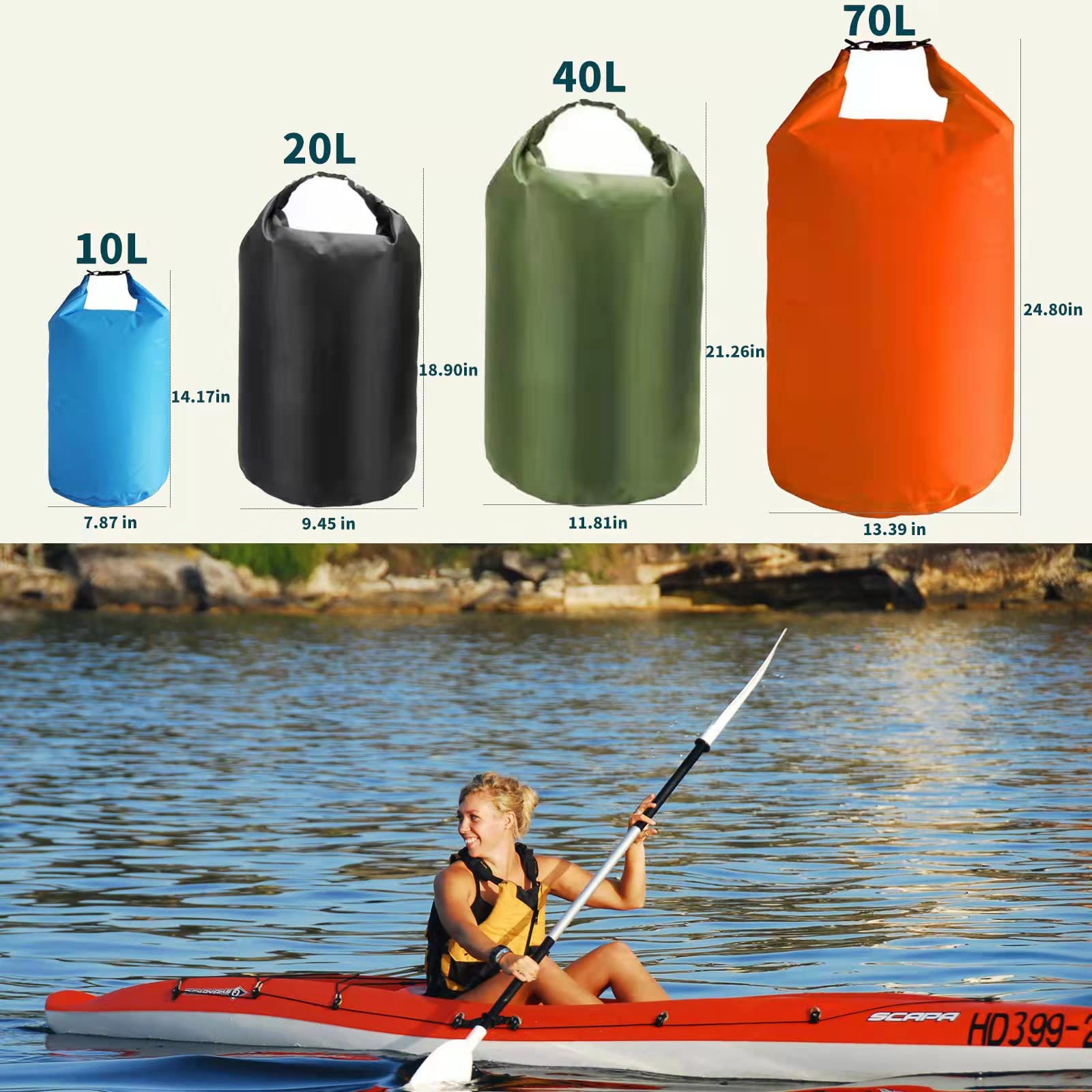 10L/20L/40L/70L Waterproof Dry Bag - Lightweight Canoe & Kayak Storage Sack - Waterproof Dry Sack for Kayaking, Rafting, Boating, Hiking, Camping, Travel & Fishing - Ideal for Outdoor Adventures, Beach Trips & Water Sports (40L, Orange)