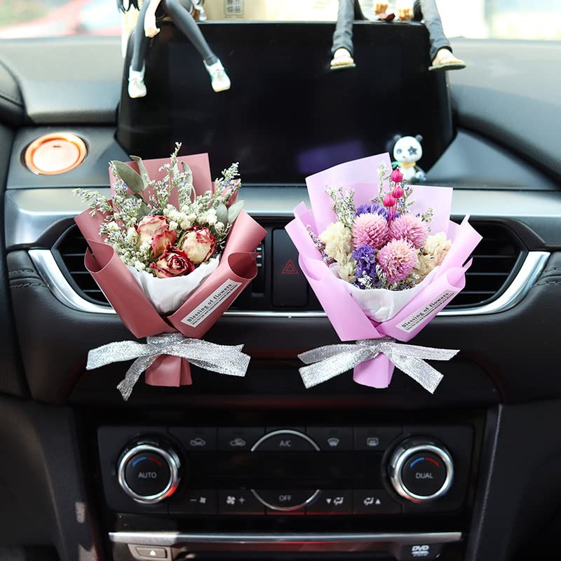 2PCS Mini Dried Flowers Bouquet for Car Air Vent Clips - Natural Car Air Freshener & Dashboard Decor, Aesthetic Car Interior Accessories for Home, Office, and Gift Giving
