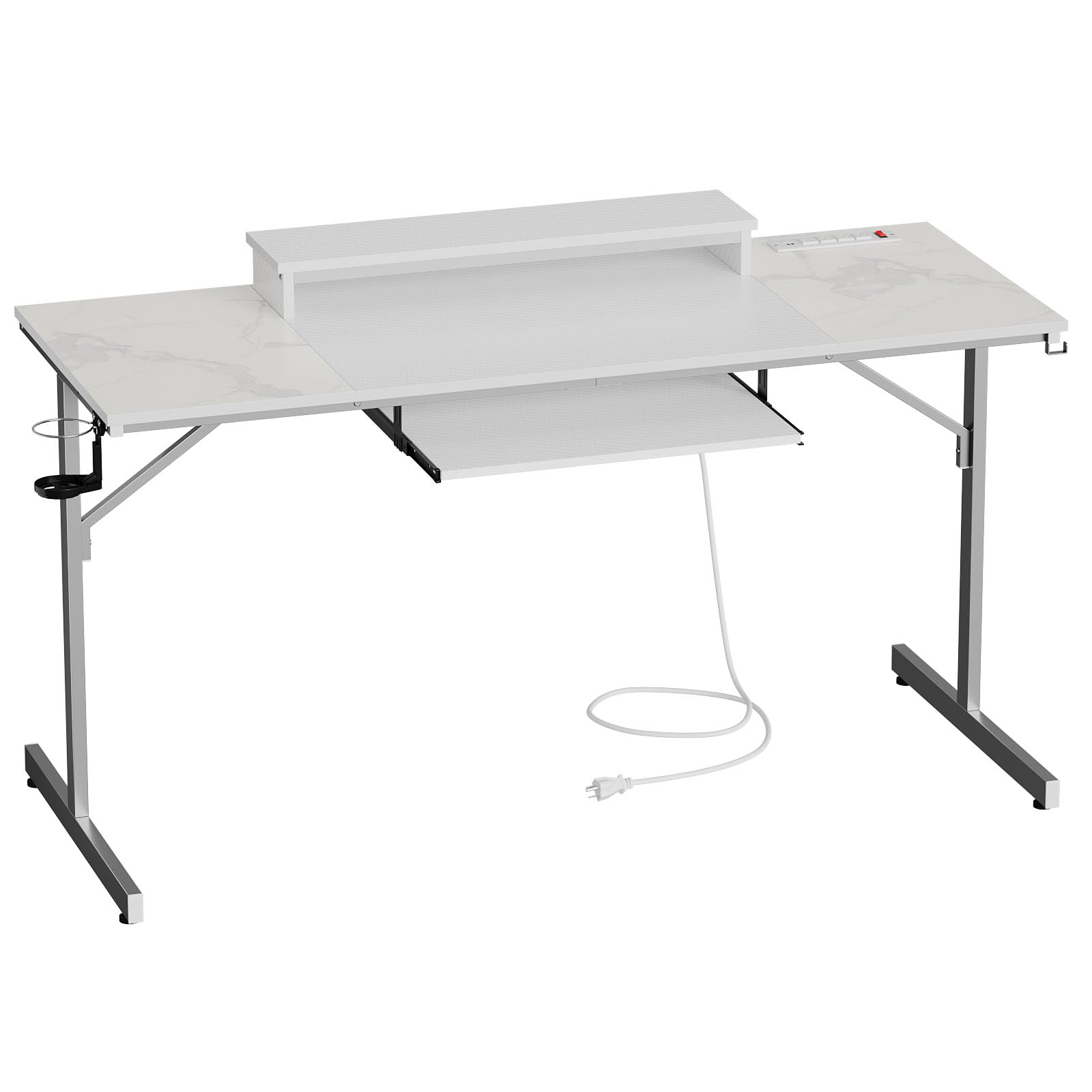 Bestier 63 Inch LED Gaming Desk with Power Outlets - Ergonomic Computer Desk with Adjustable Laptop Stand & Keyboard Tray - Modern Home Office PC Desk with Headset Hook (Carbon Fiber/Marble White) - Perfect for Gaming Setup, Workstation & Small Space Home Office