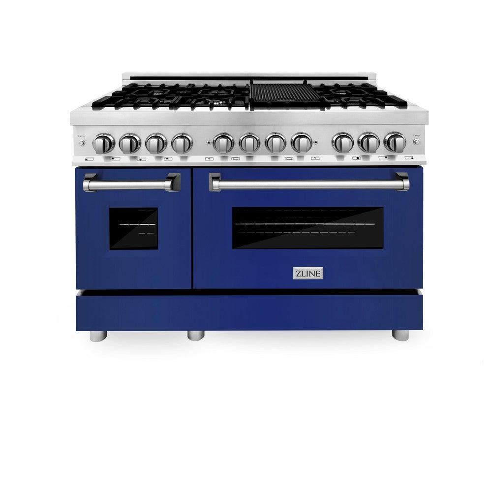 ZLINE 48-Inch 6.0 cu. ft. Dual Fuel Range - Stainless Steel with Blue Gloss Doors, 7-Burner Gas Cooktop & 2 Electric Ovens - Perfect for Professional Kitchens & Home Chefs (RA BG 48)