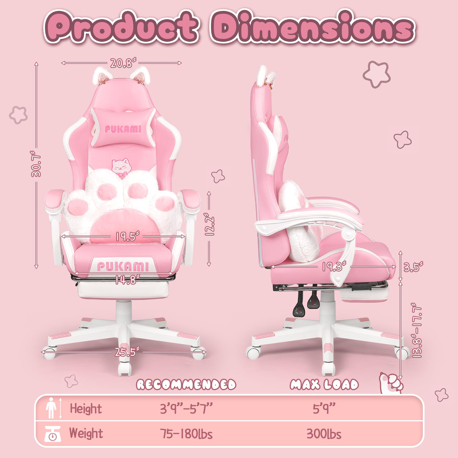 PUKAMI Pink Gaming Chair with Cat Ears & Paw Lumbar Cushion - Ergonomic Computer Chair for Women & Teens, Adjustable Footrest & Headrest, Comfortable Reclining PC Game Chair for Adults - Perfect for Gaming, Streaming & Home Office (Pink)